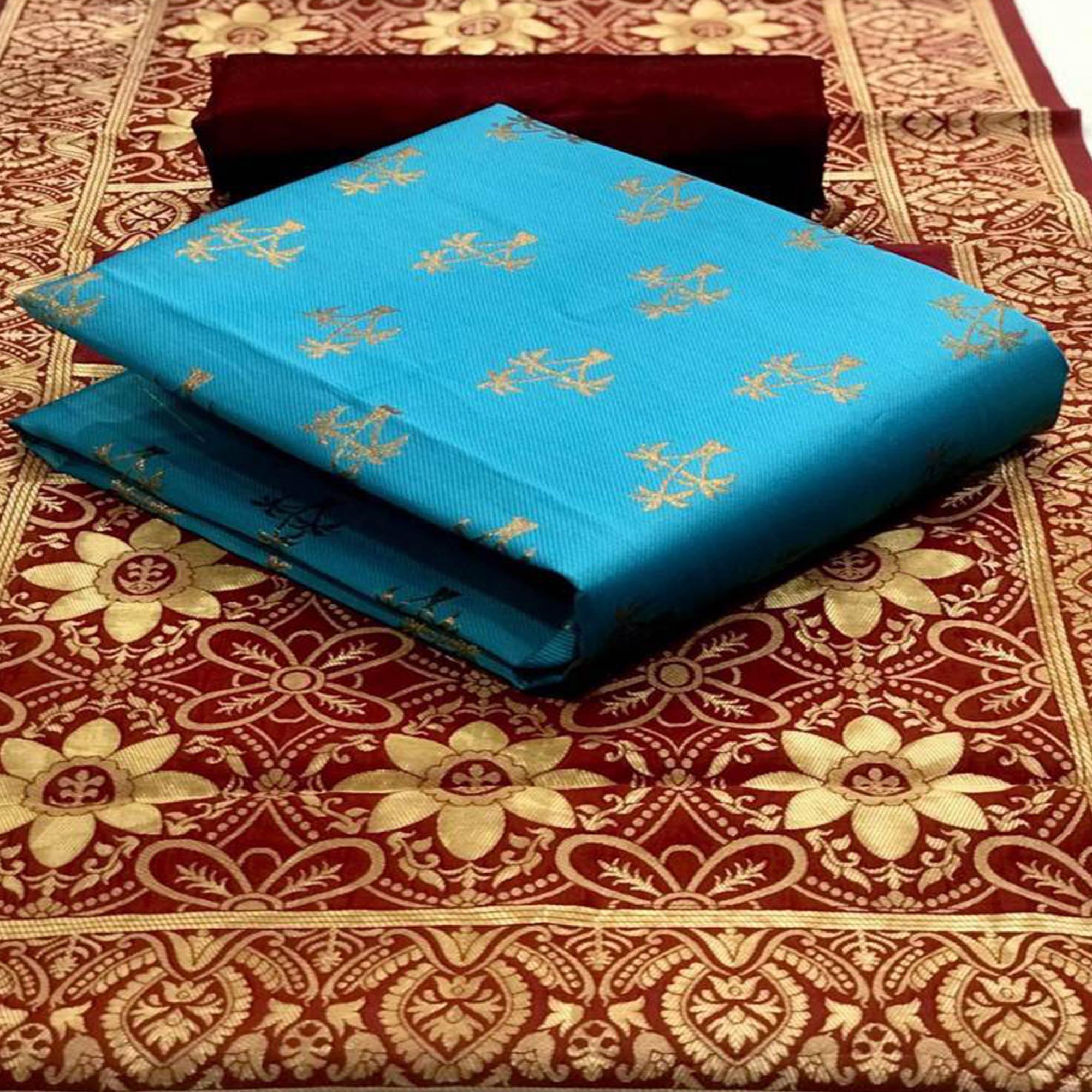 Sensational Sky Blue Colored Casual Wear Banarasi Silk Dress Material - Peachmode