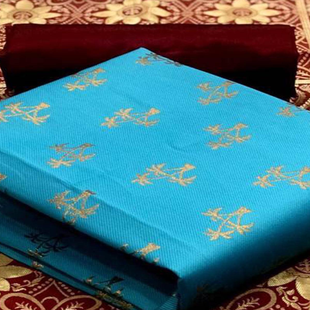 Sensational Sky Blue Colored Casual Wear Banarasi Silk Dress Material - Peachmode
