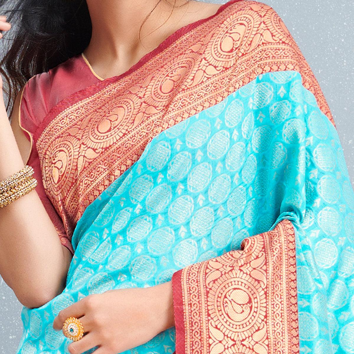 Sensational Sky Blue Colored Festive Wear Woven Silk Saree - Peachmode