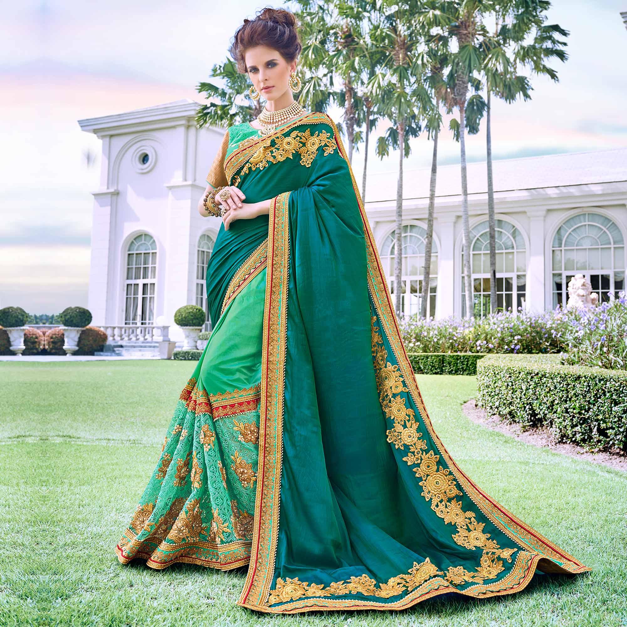 Sensational Turquoise Green Colored Partywear Embroidered Art Silk-Georgette Half-Half Saree - Peachmode