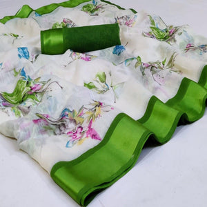 Sensational White - Green Colored Casual Wear Fancy Printed Linen Saree - Peachmode