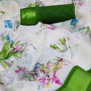 Sensational White - Green Colored Casual Wear Fancy Printed Linen Saree - Peachmode