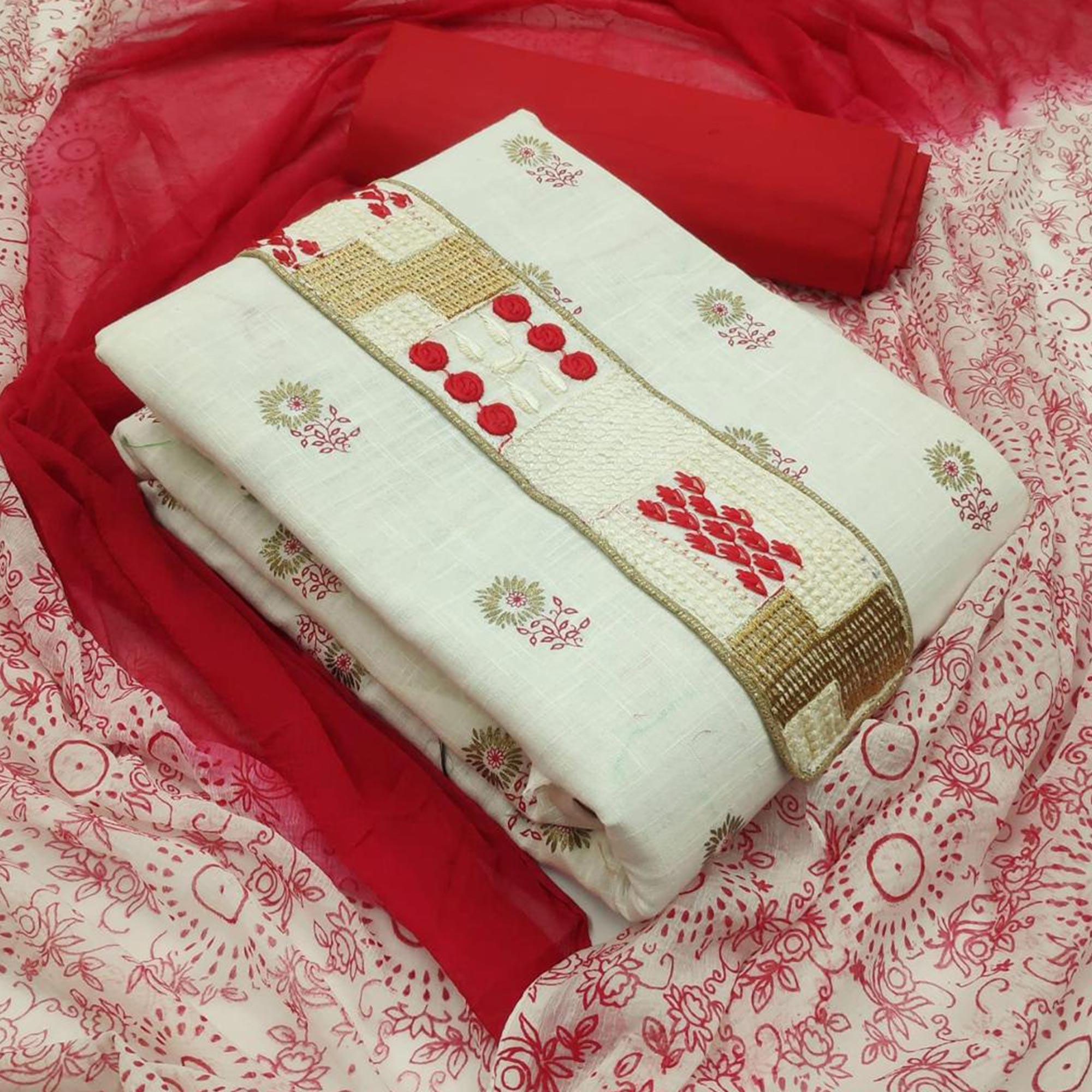 Sensational White - Red Colored Casual Wear Embroidered Cotton Dress Material - Peachmode