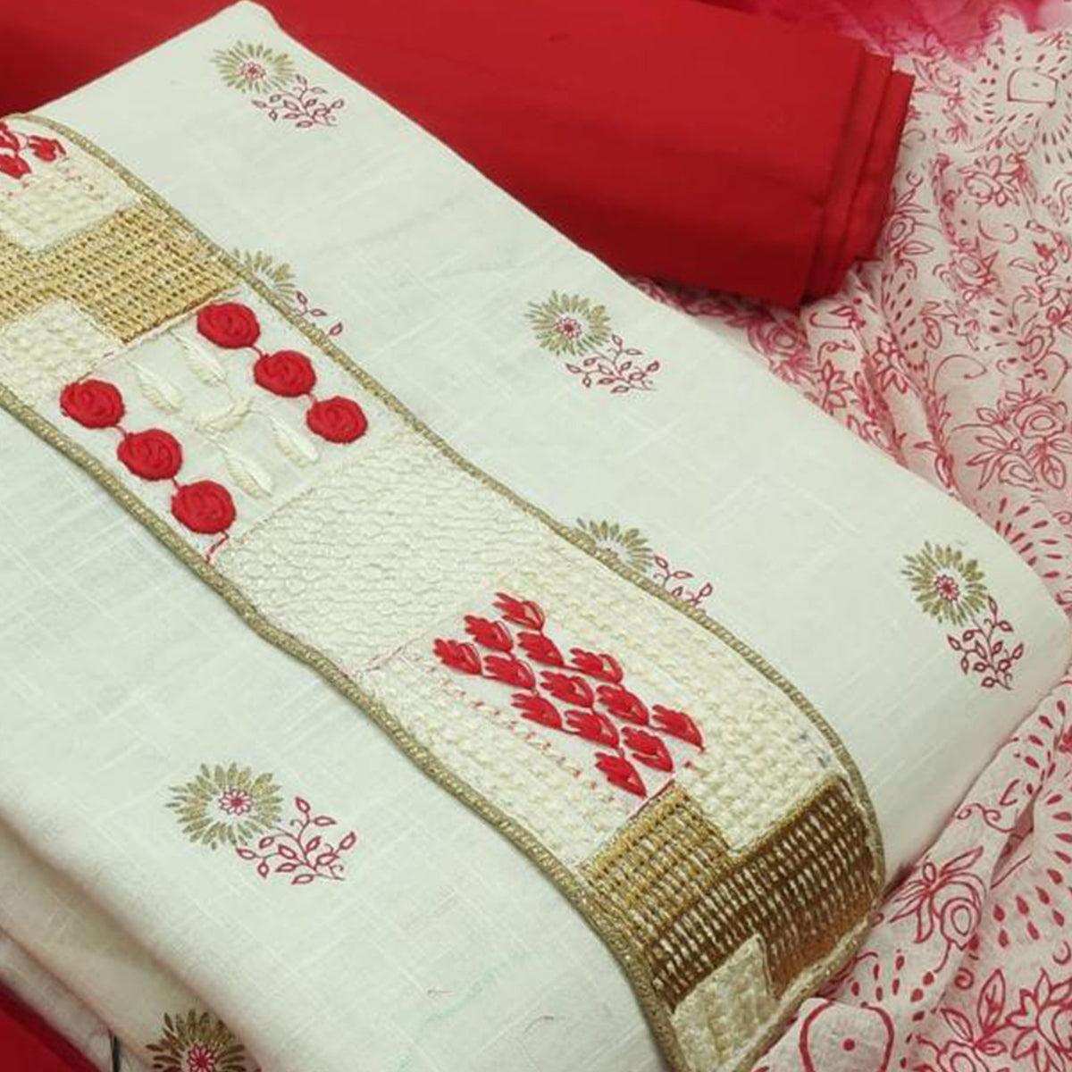 Sensational White - Red Colored Casual Wear Embroidered Cotton Dress Material - Peachmode