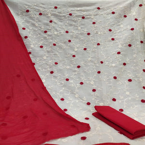 Sensational White - Red Colored Casual Wear Embroidered Modal Dress Material - Peachmode