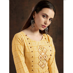 Sensational Yellow Colored Casual Printed Hand Embroidered Pure Cotton Kurti - Peachmode