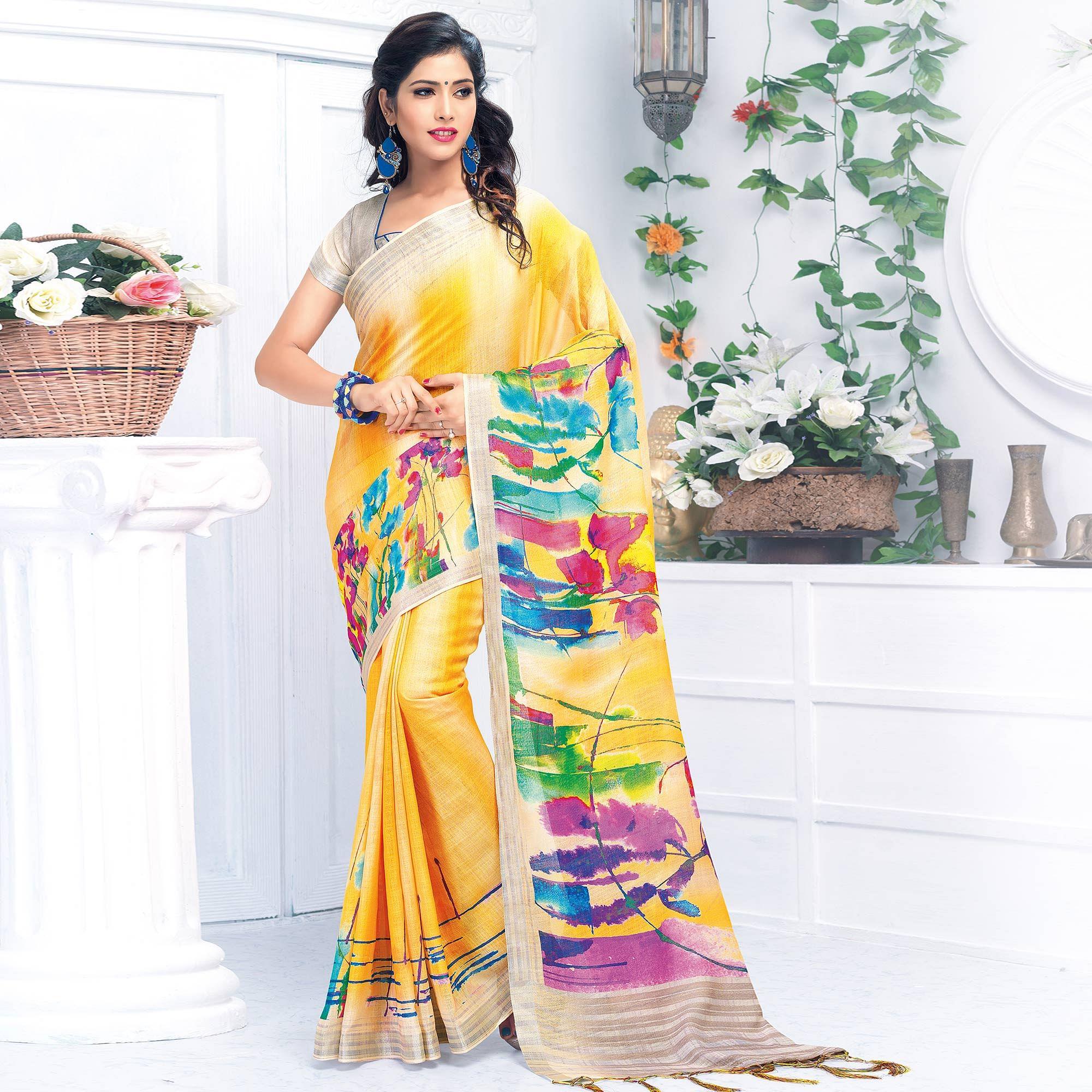 Sensational Yellow Colored Casual Wear Printed Pure Linen Saree - Peachmode