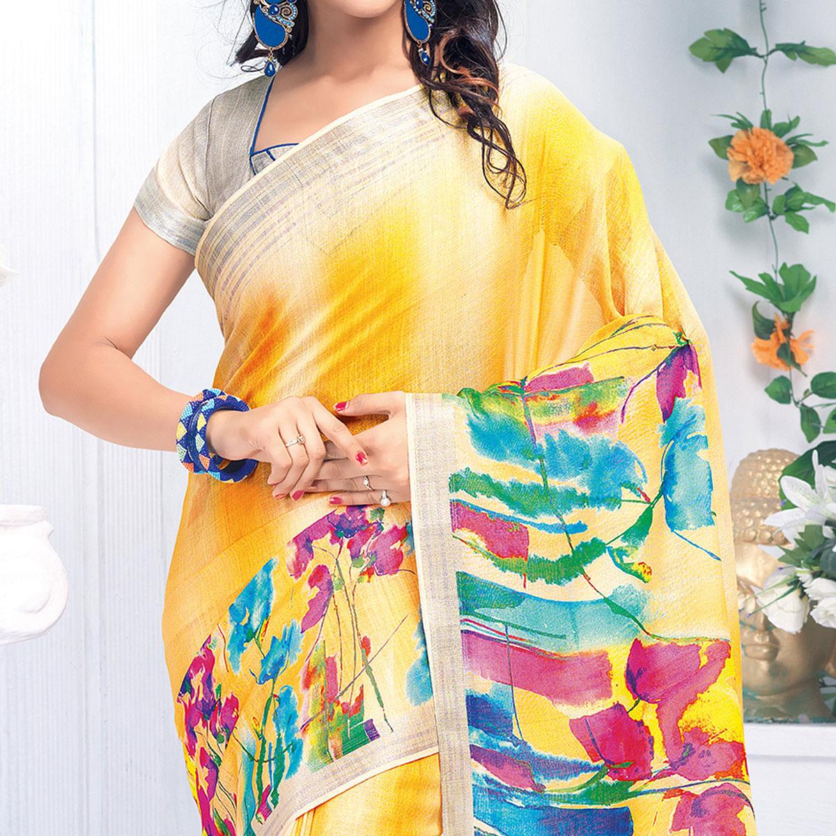 Sensational Yellow Colored Casual Wear Printed Pure Linen Saree - Peachmode