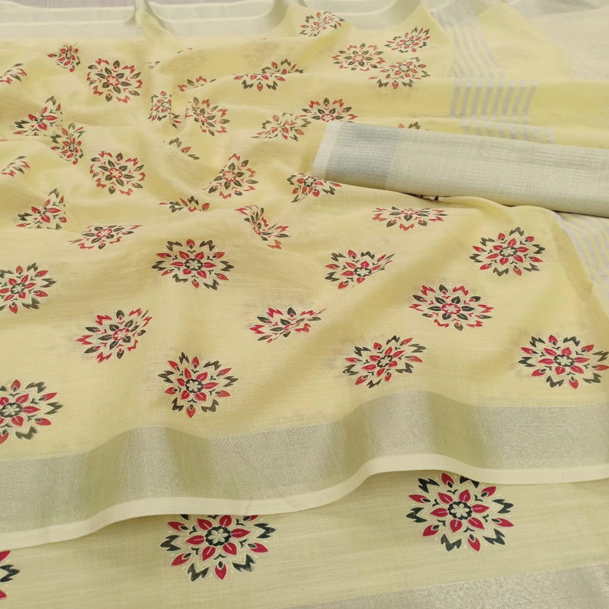 Sensational Yellow Colored Partywear Block Printed Pure Linen Saree - Peachmode