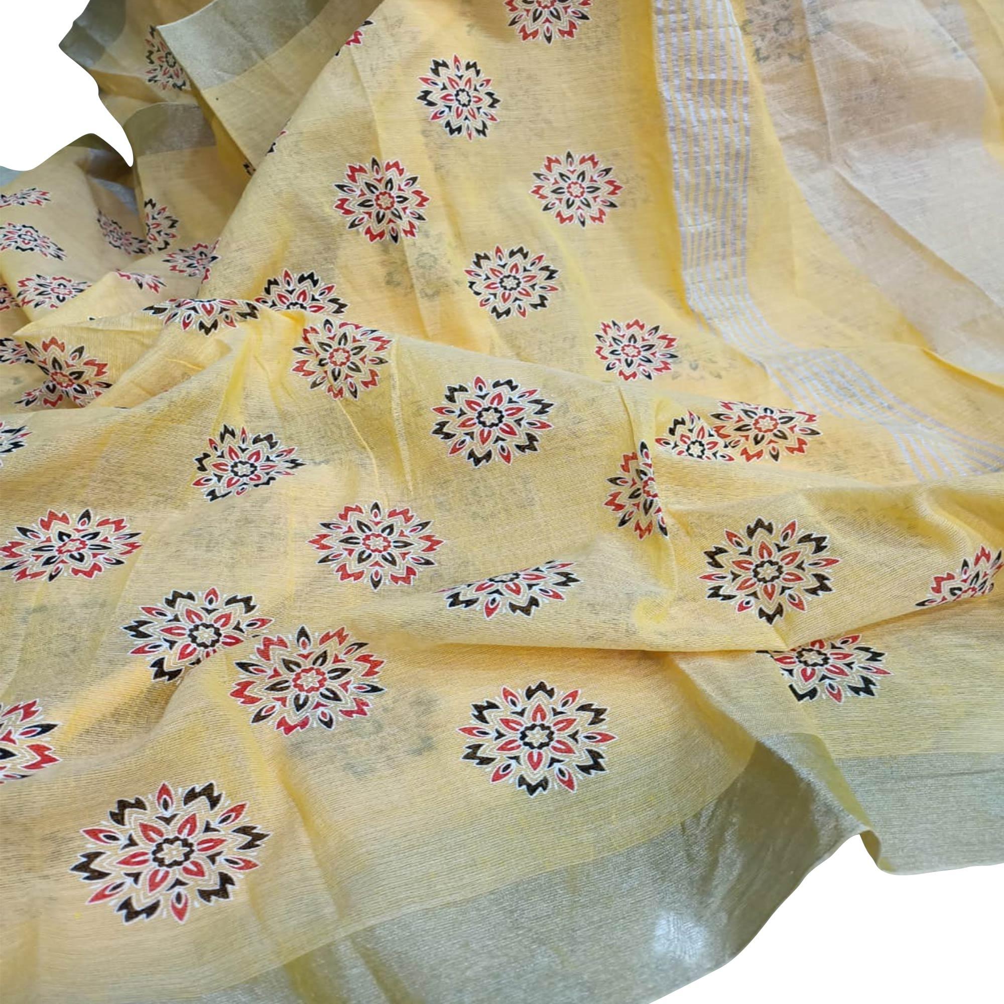 Sensational Yellow Colored Partywear Block Printed Pure Linen Saree - Peachmode
