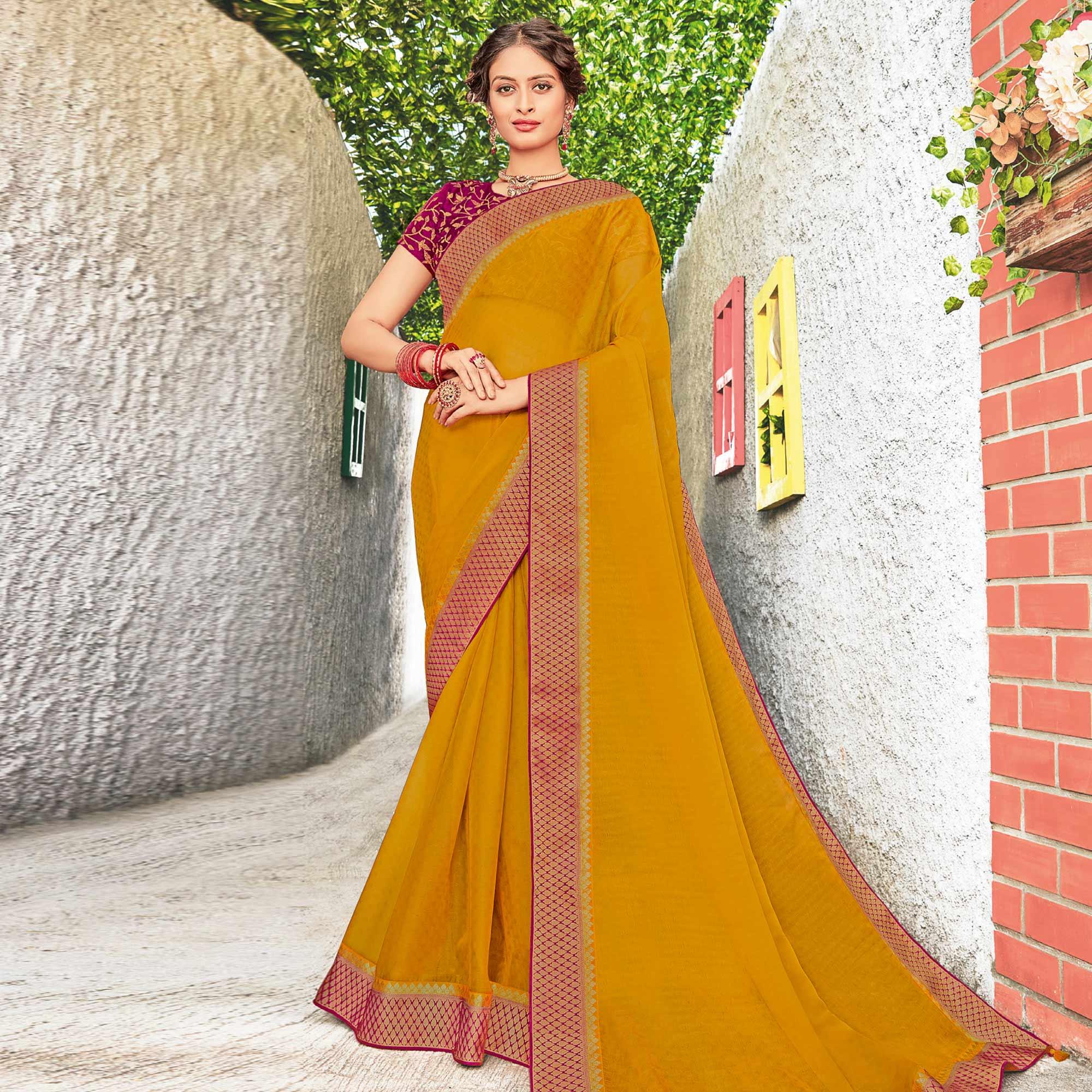 Sensational Yellow Coloured Party Wear Embroidered Chiffon Saree - Peachmode
