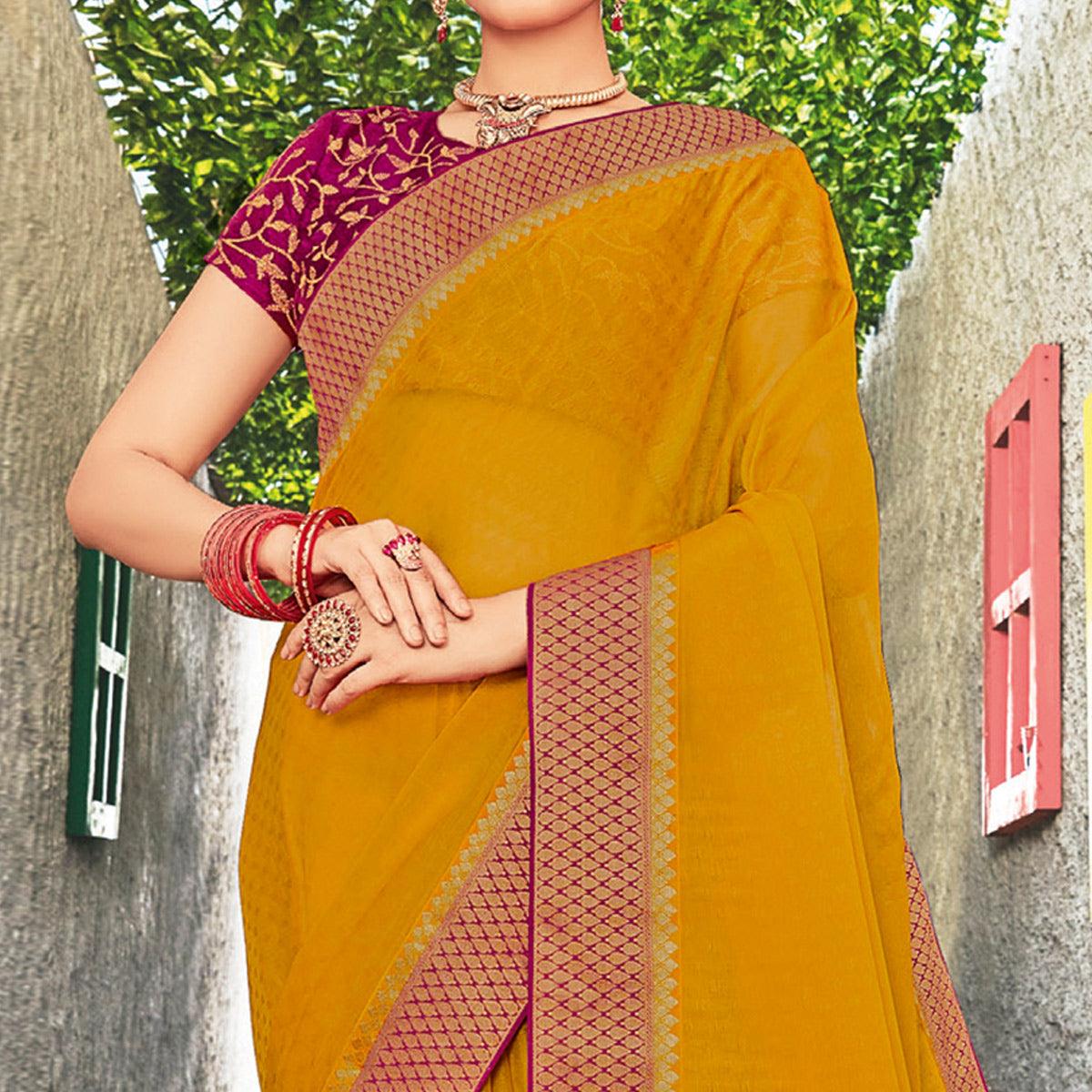 Sensational Yellow Coloured Party Wear Embroidered Chiffon Saree - Peachmode