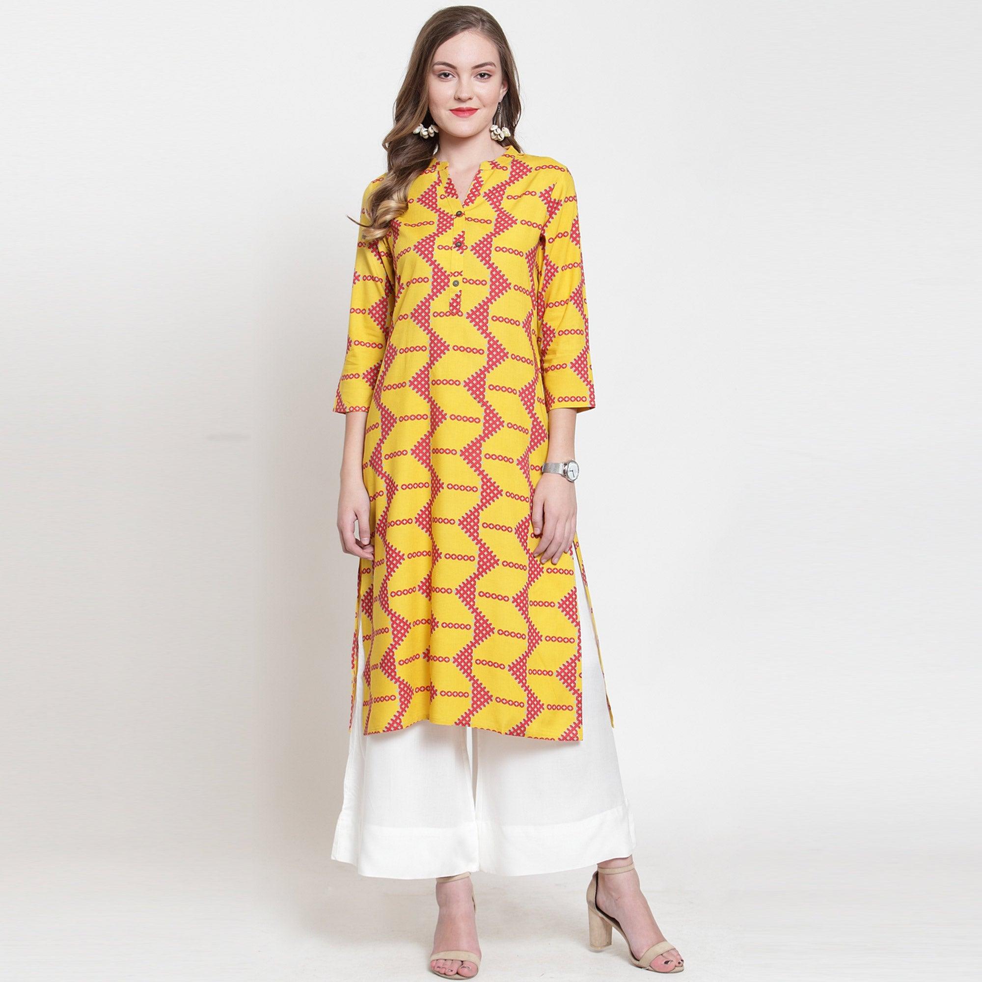 Sensational Yellow-Pink Colored Casual Printed Rayon Kurti - Peachmode