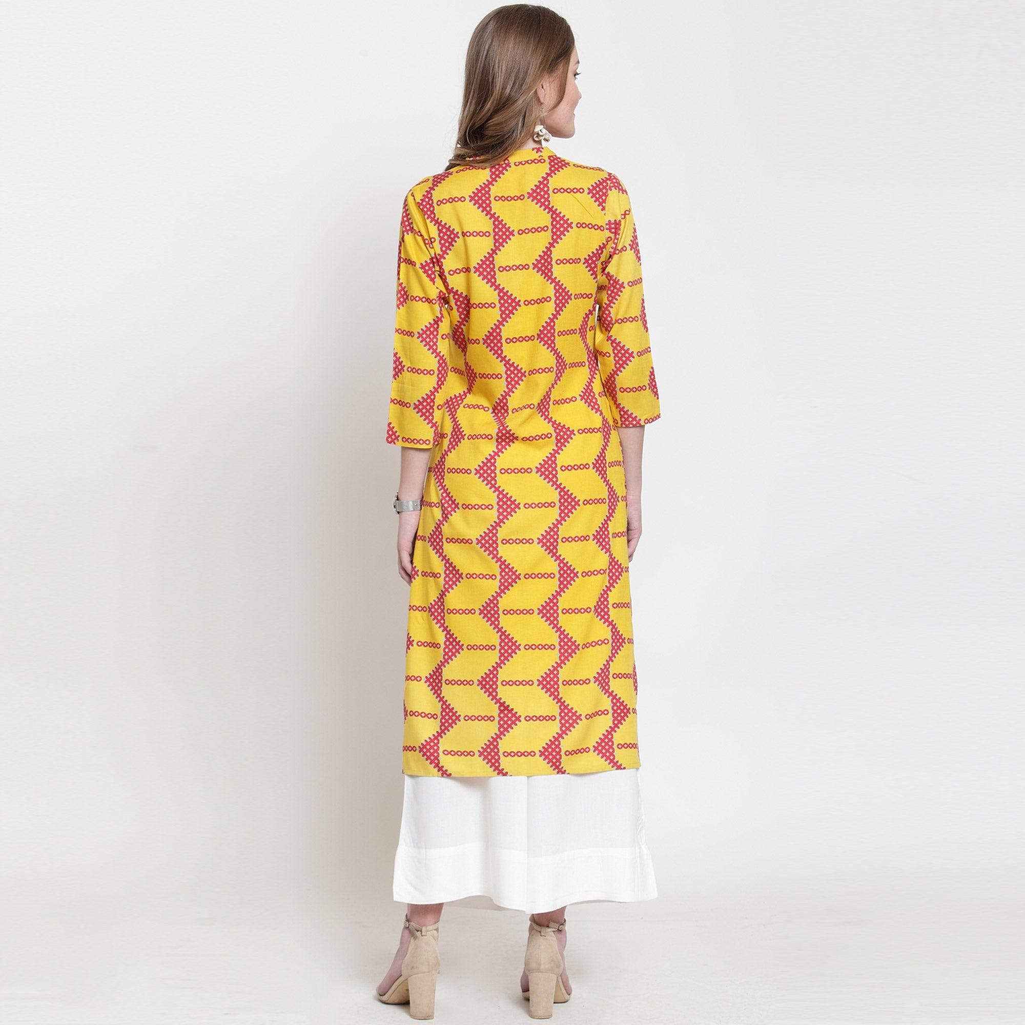 Sensational Yellow-Pink Colored Casual Printed Rayon Kurti - Peachmode