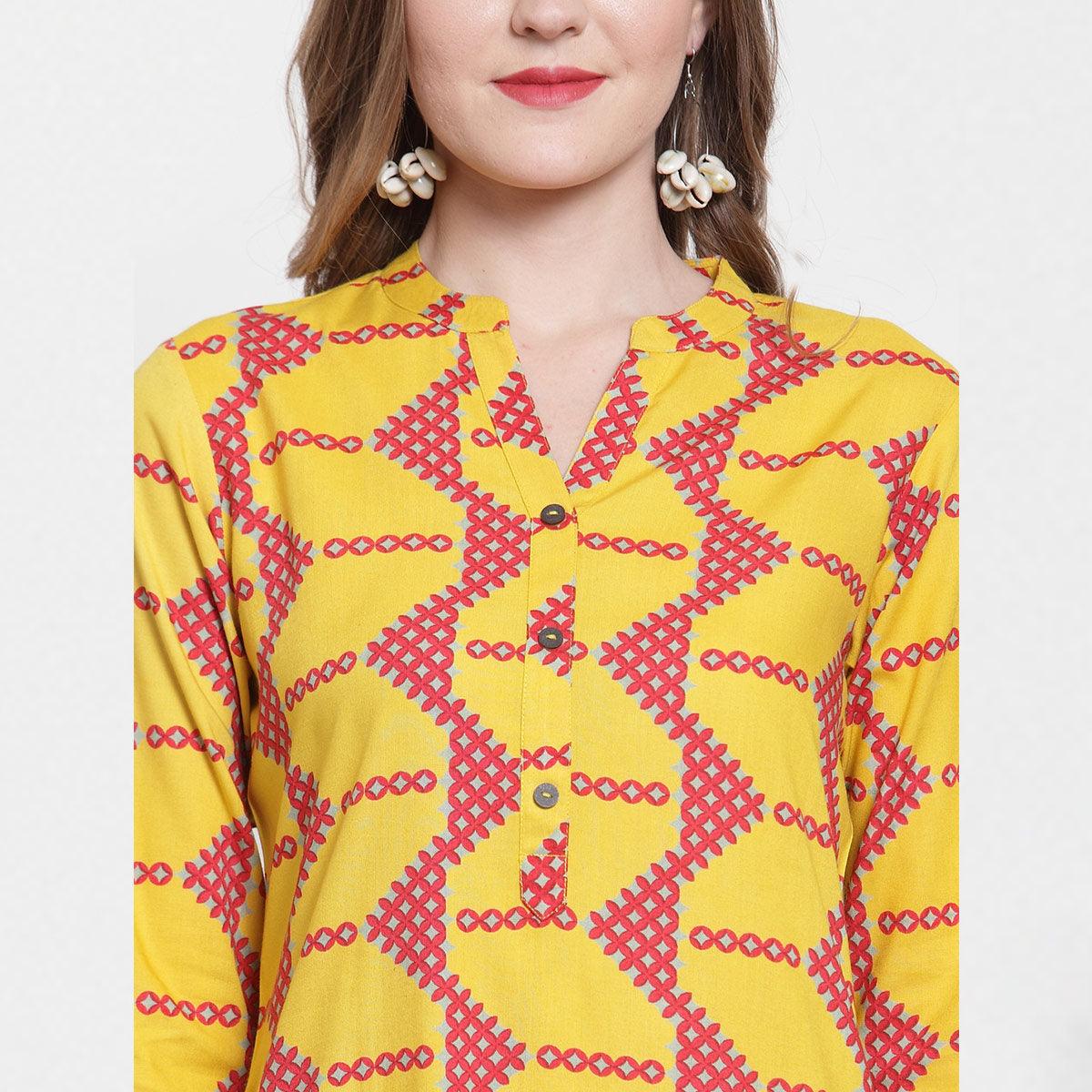 Sensational Yellow-Pink Colored Casual Printed Rayon Kurti - Peachmode