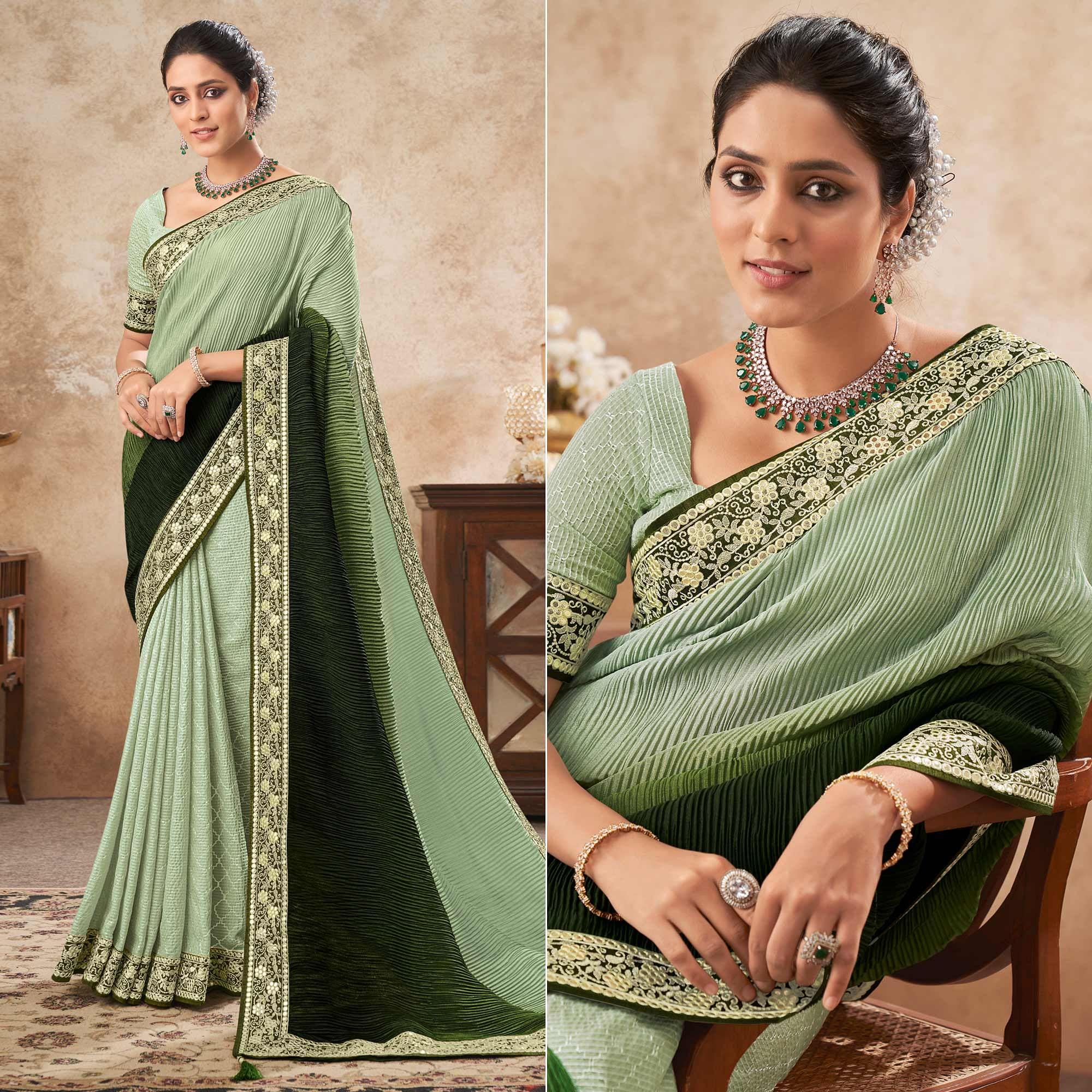 Shaded Green Sequence Embroidered Chiffon Half & Half Saree - Peachmode