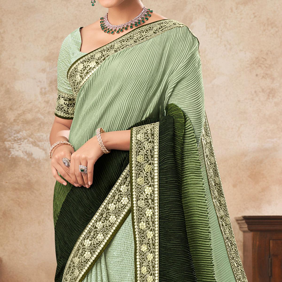 Shaded Green Sequence Embroidered Chiffon Half & Half Saree - Peachmode