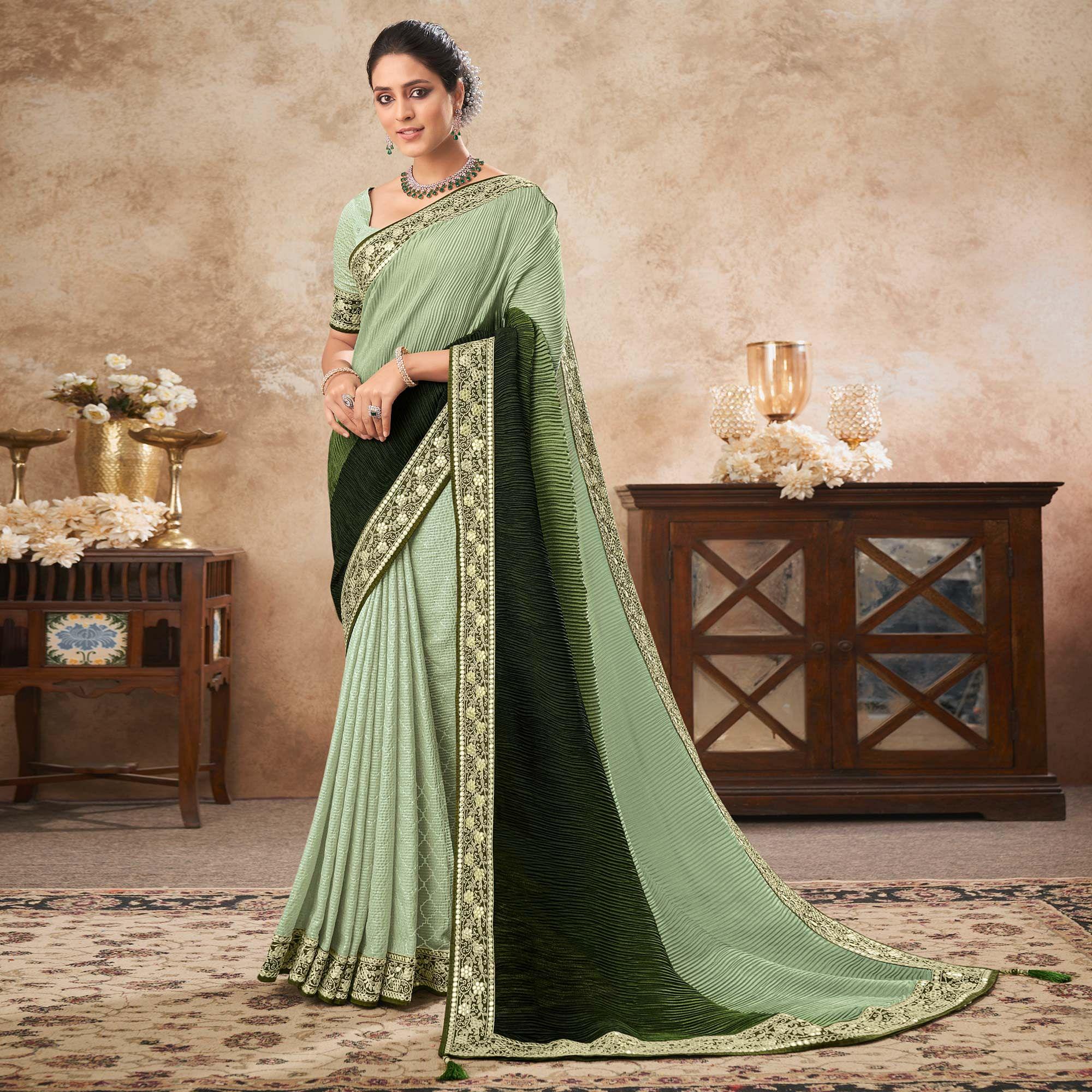 Shaded Green Sequence Embroidered Chiffon Half & Half Saree - Peachmode