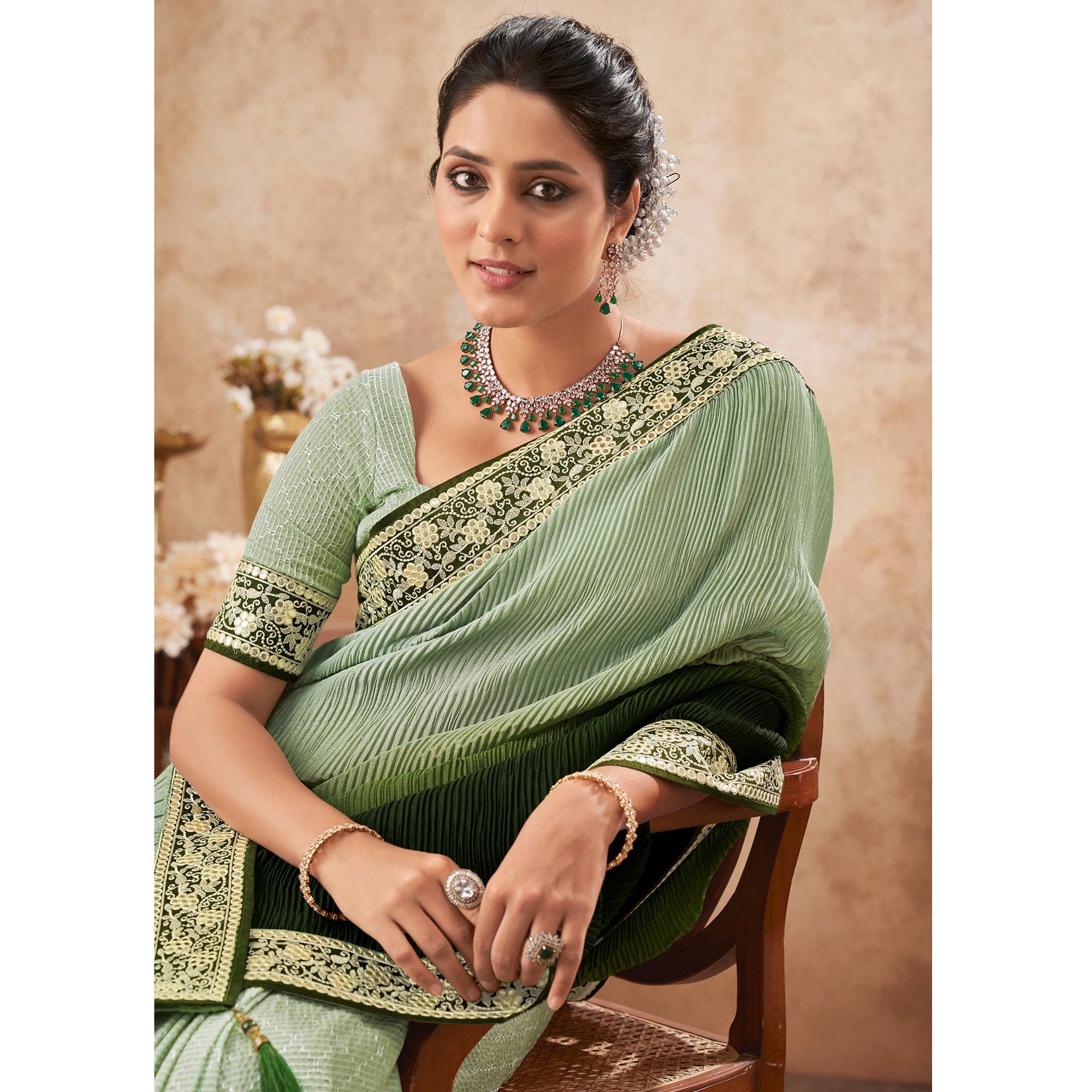 Shaded Green Sequence Embroidered Chiffon Half & Half Saree - Peachmode