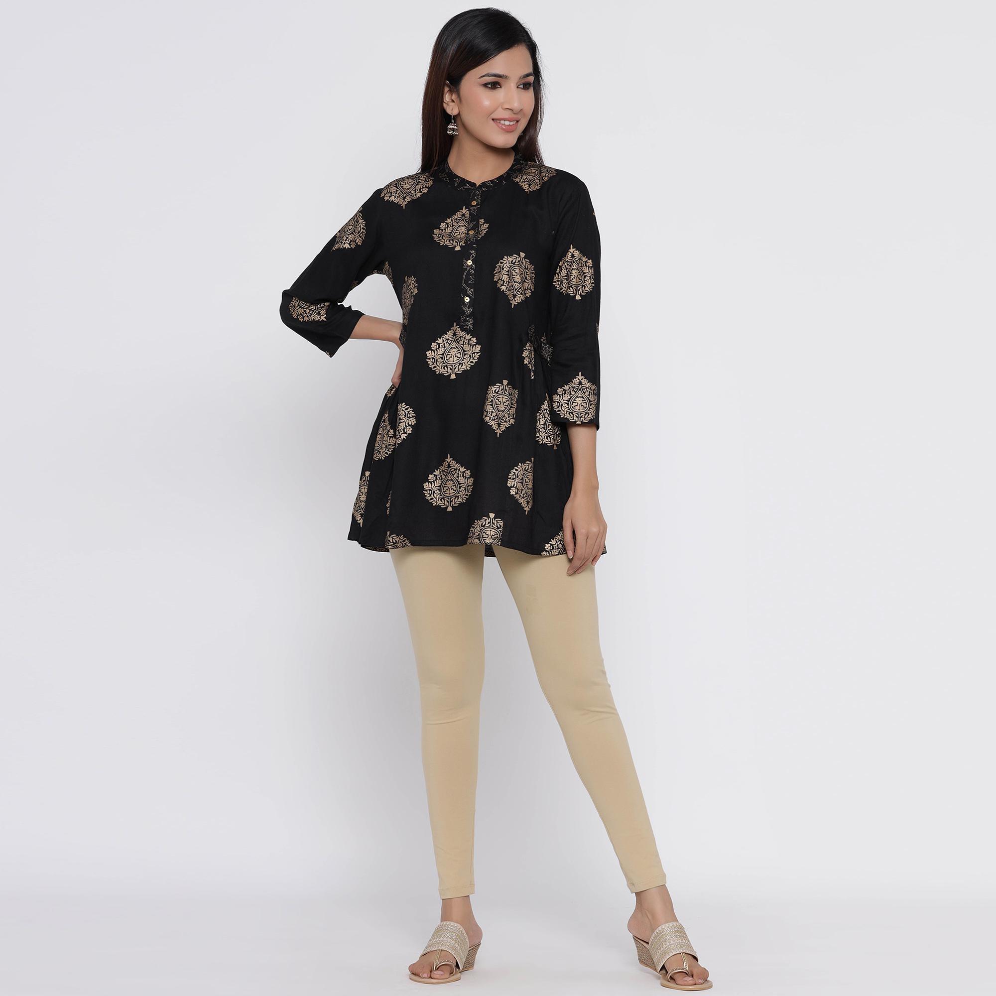 Silai Bunai - Black Colored Casual Rayon Kurti - Peachmode