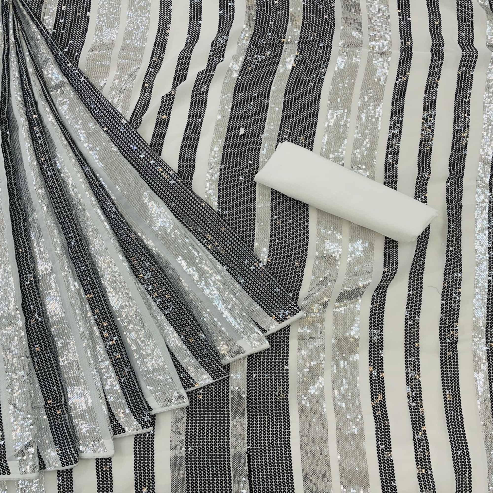 Silver-Black Partywear Sequence Embroidered Georgette Saree - Peachmode