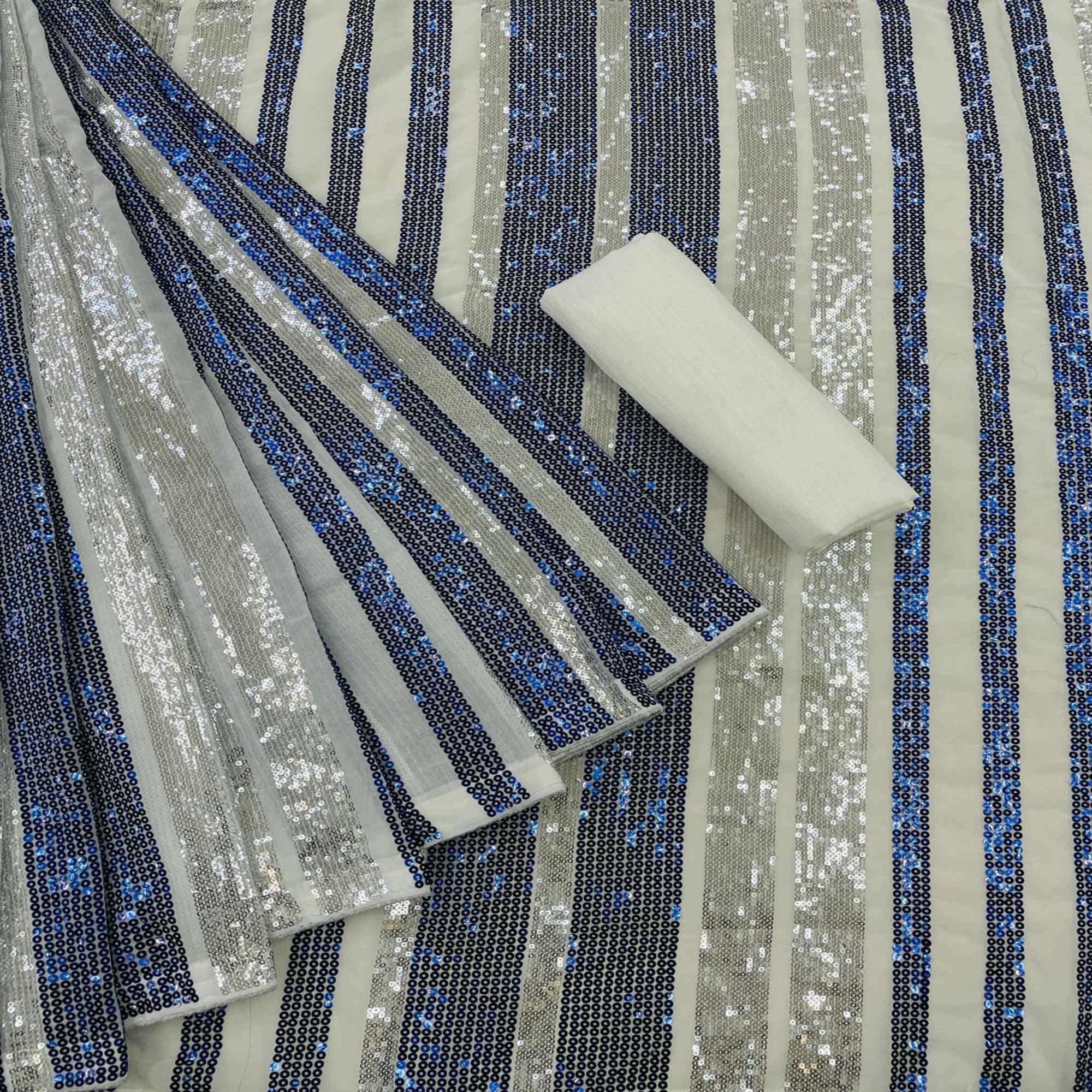 Silver-Blue Partywear Sequence Embroidered Georgette Saree - Peachmode