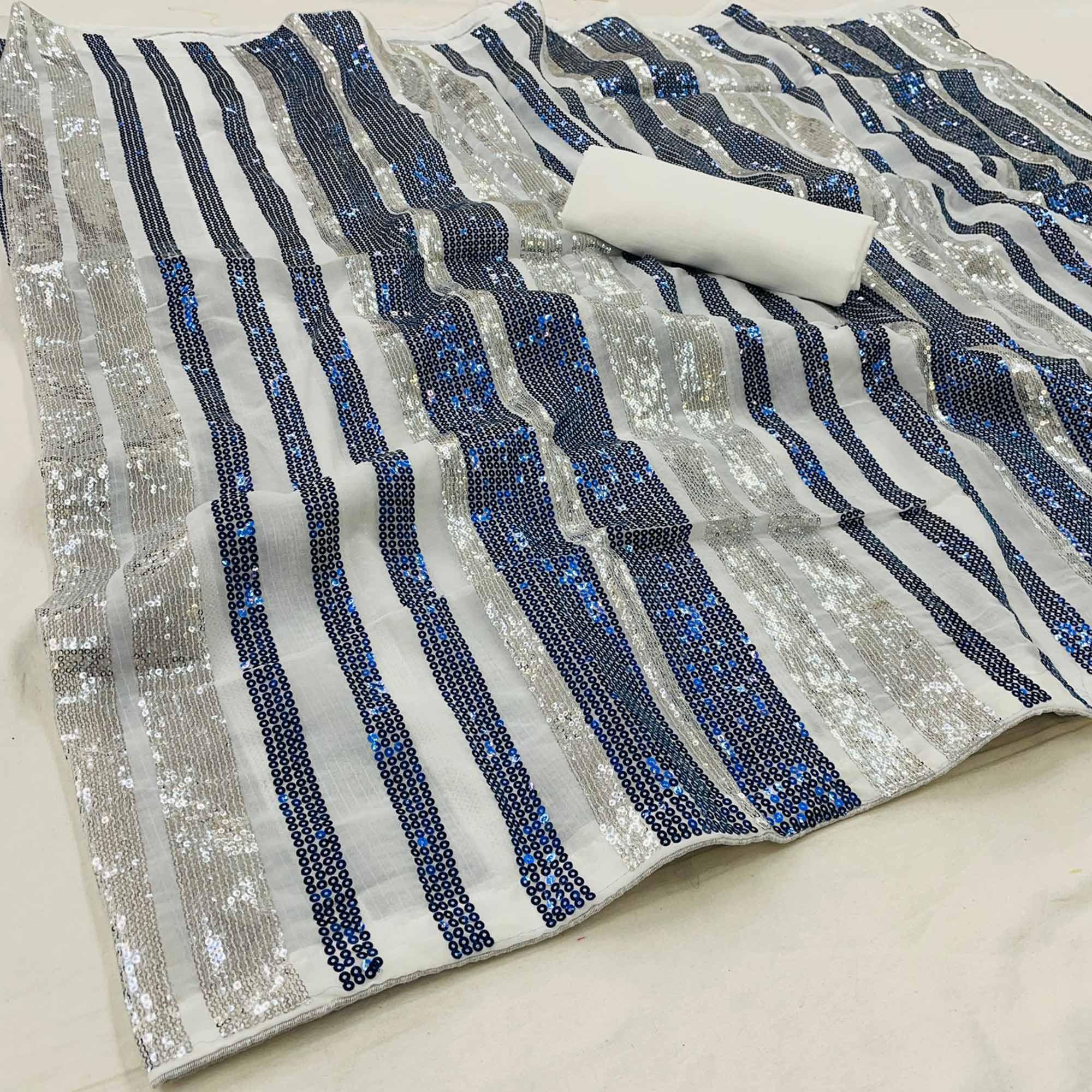 Silver-Blue Partywear Sequence Embroidered Georgette Saree - Peachmode