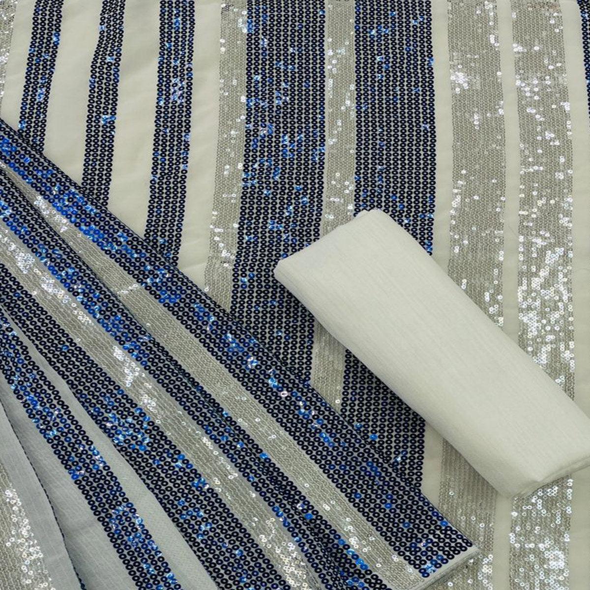 Silver-Blue Partywear Sequence Embroidered Georgette Saree - Peachmode