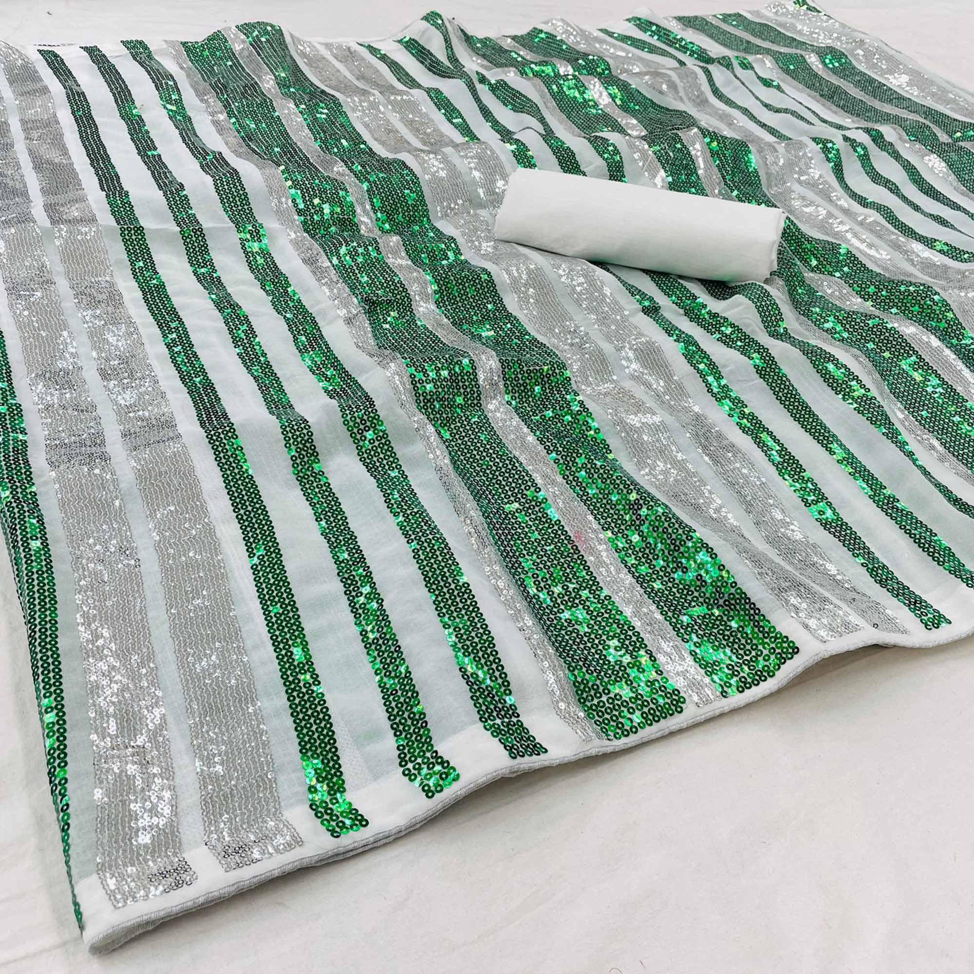 Silver-Green Partywear Sequence Embroidered Georgette Saree - Peachmode