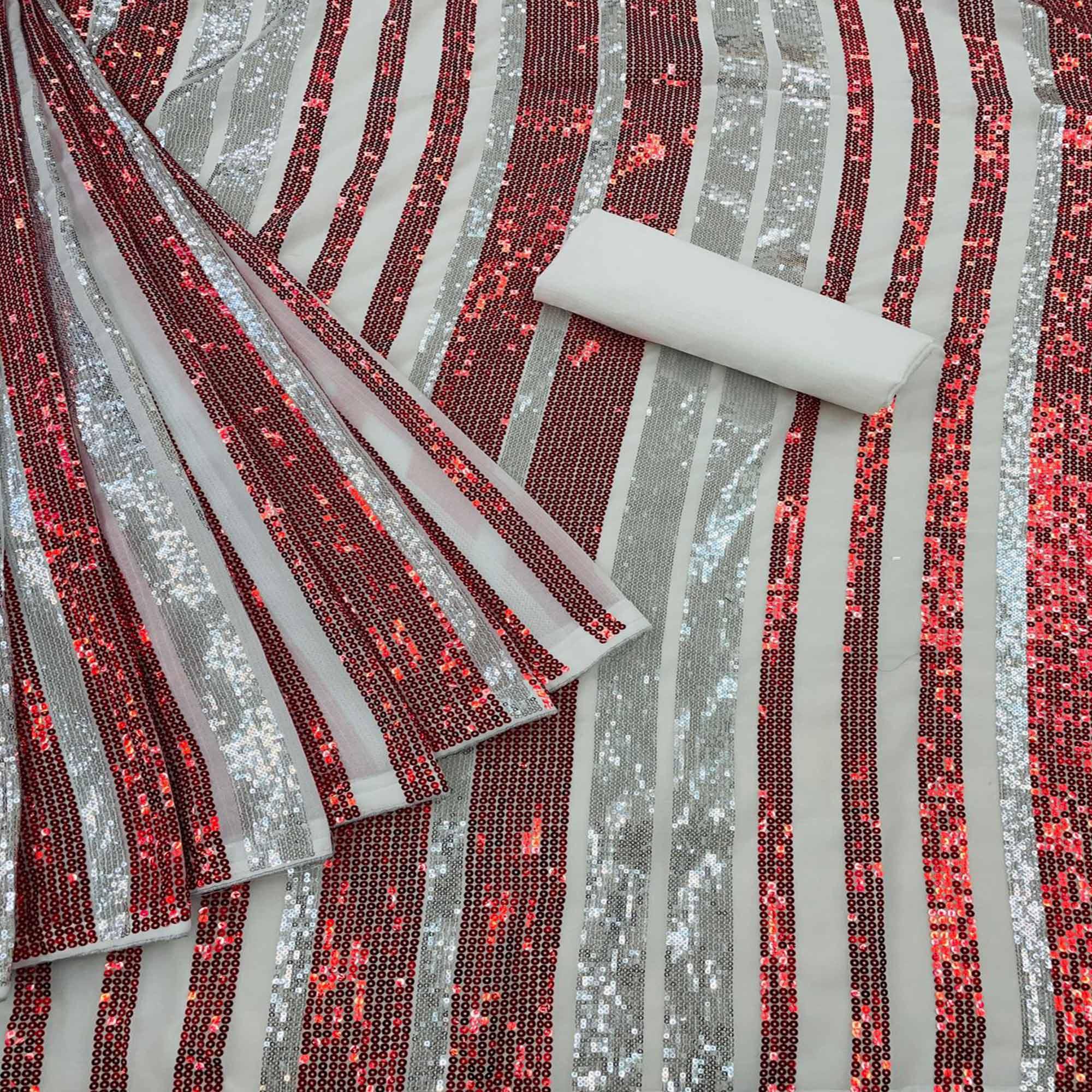 Silver-Red Partywear Sequence Embroidered Georgette Saree - Peachmode