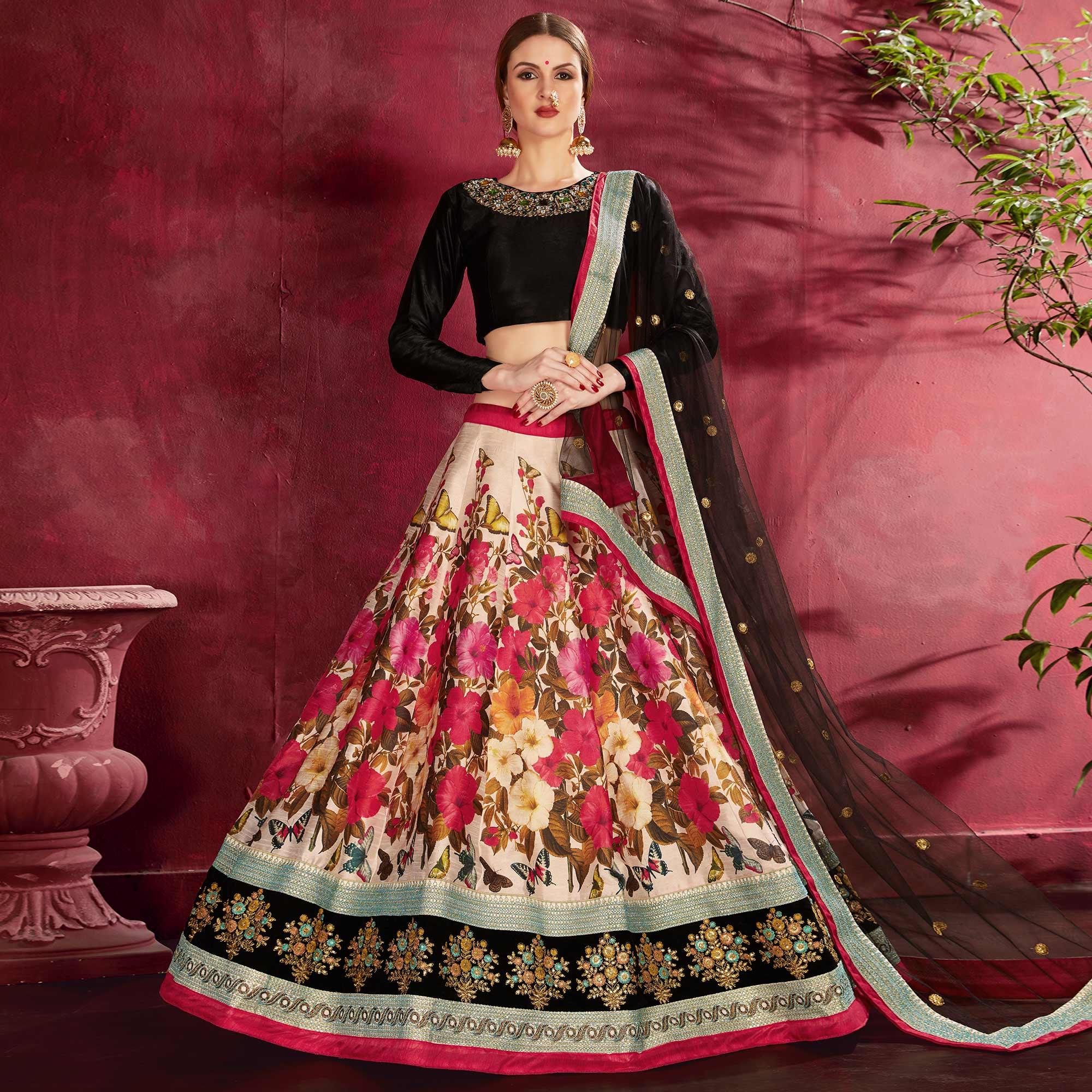 Sizzling Black-Cream Designer Digital Print And Embroidered Banglori Silk Lehenga Choli - Peachmode