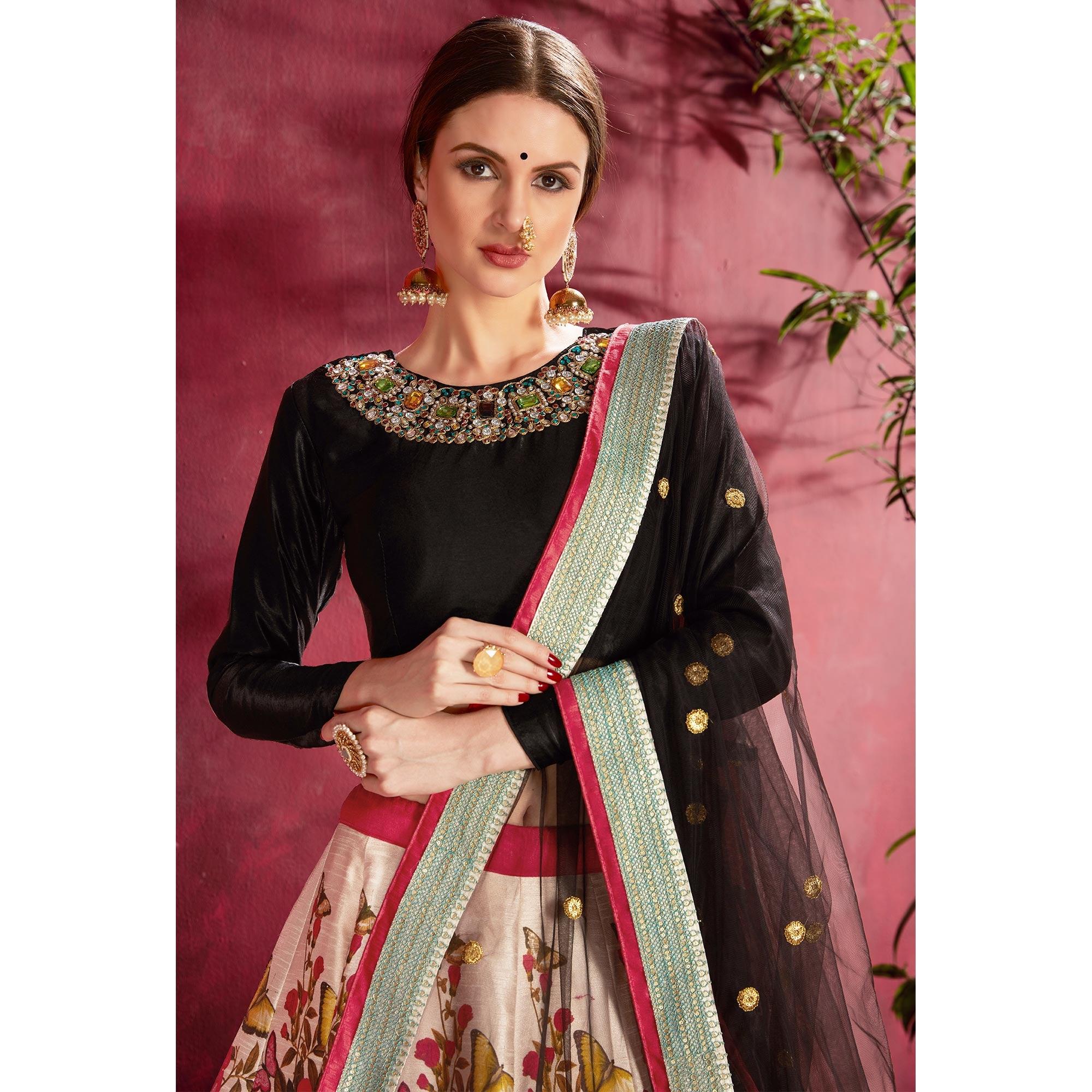 Sizzling Black-Cream Designer Digital Print And Embroidered Banglori Silk Lehenga Choli - Peachmode