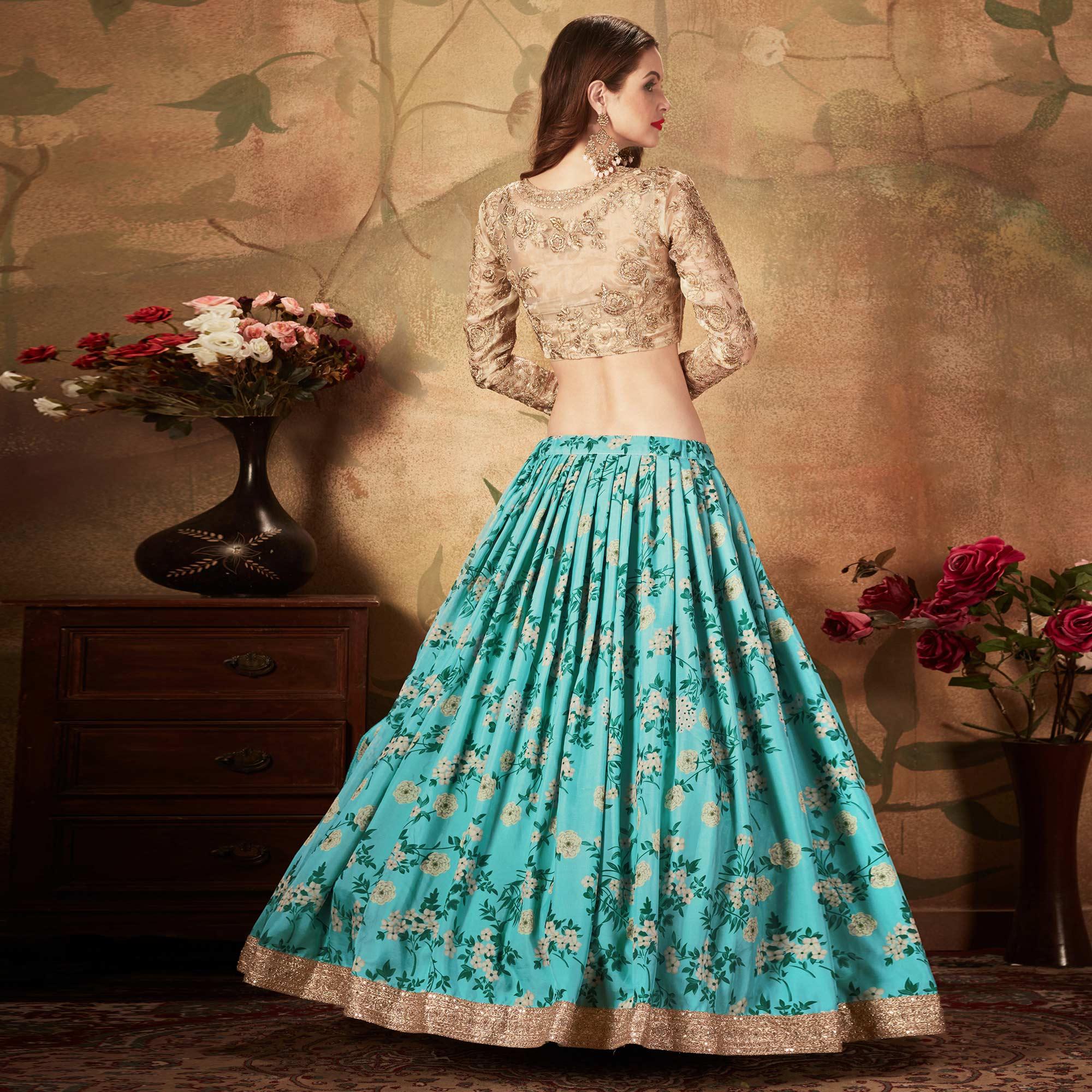 Sky Blue & Beige Partywear Floral Print With Sequins Embroidery Organza Lehenga Choli - Peachmode