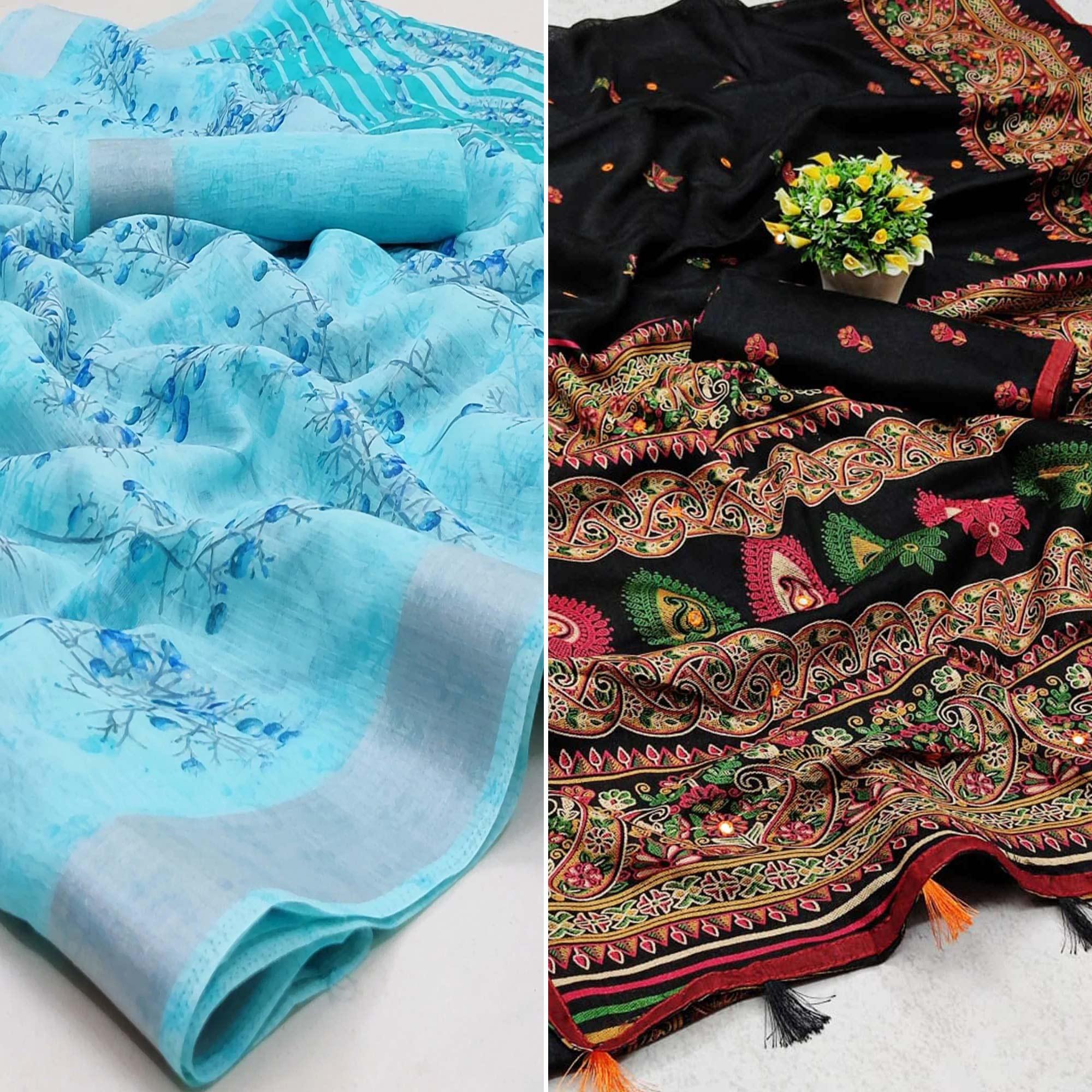 Sky Blue And Black Saree - Pack Of 2 - Peachmode