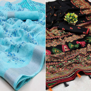 Sky Blue And Black Saree - Pack Of 2 - Peachmode