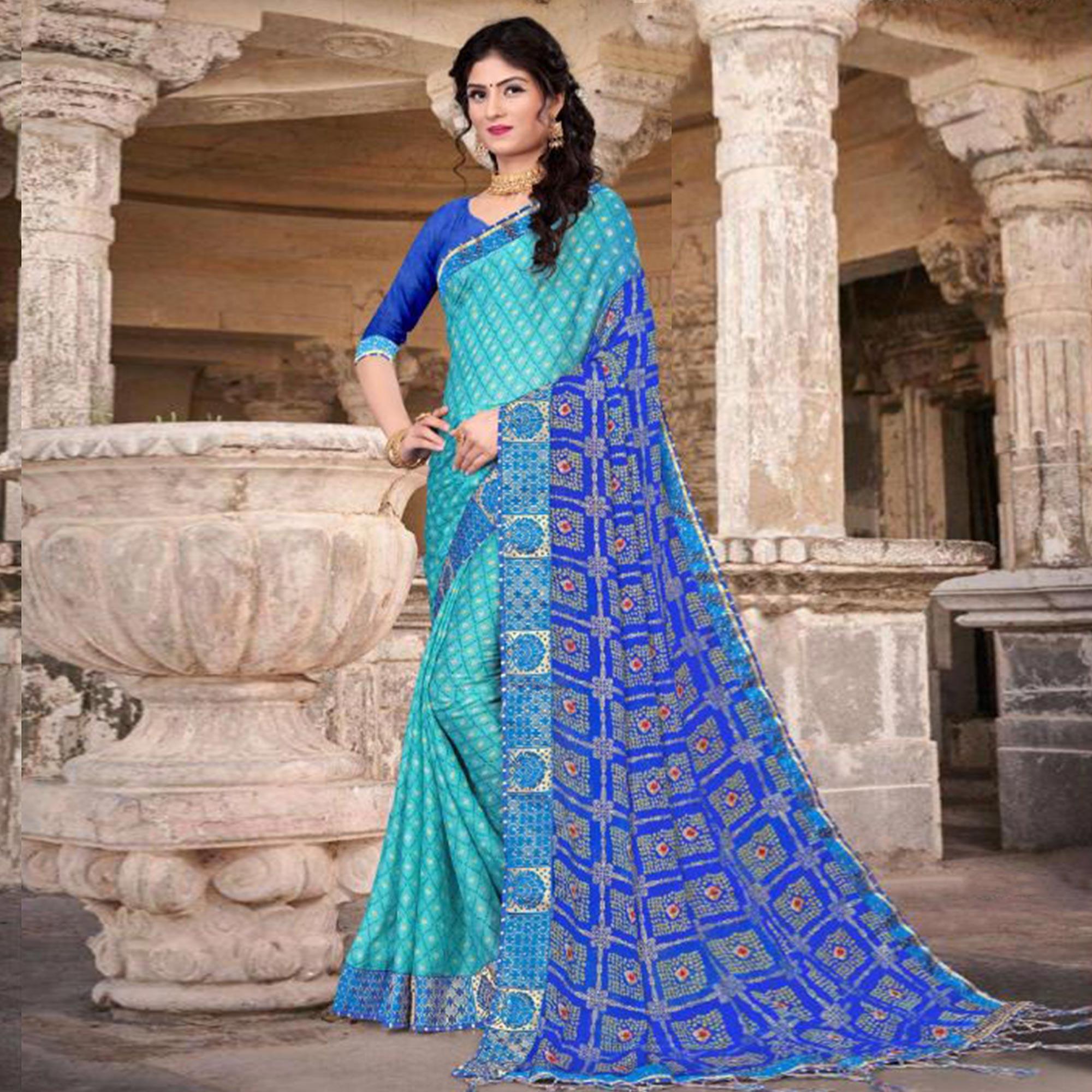 Sky Blue & Blue Festive Wear Bandhani Printed Chiffon Saree With Diamond Border - Peachmode
