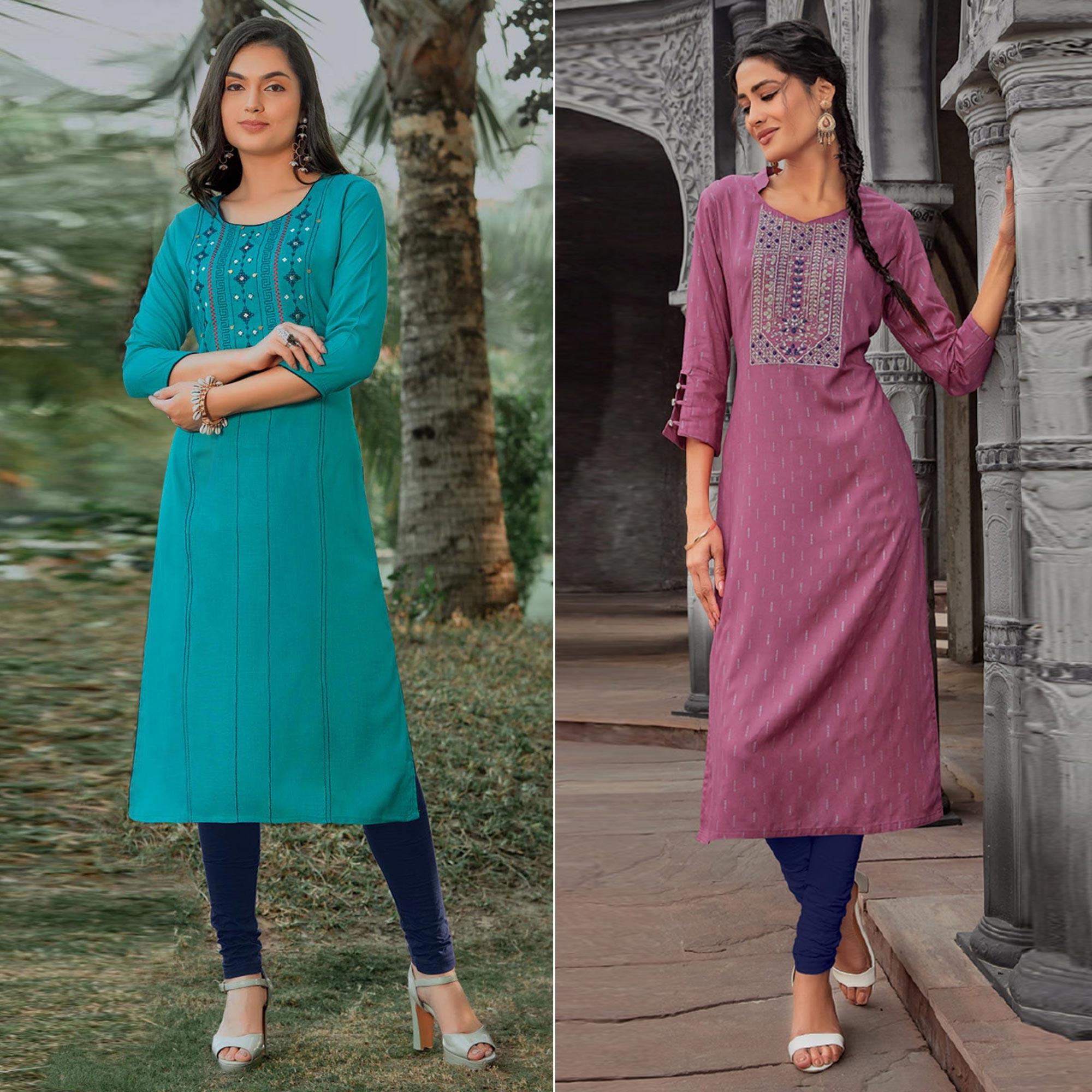 Sky Blue And Mauve Kurtis Pack of 2 - Peachmode