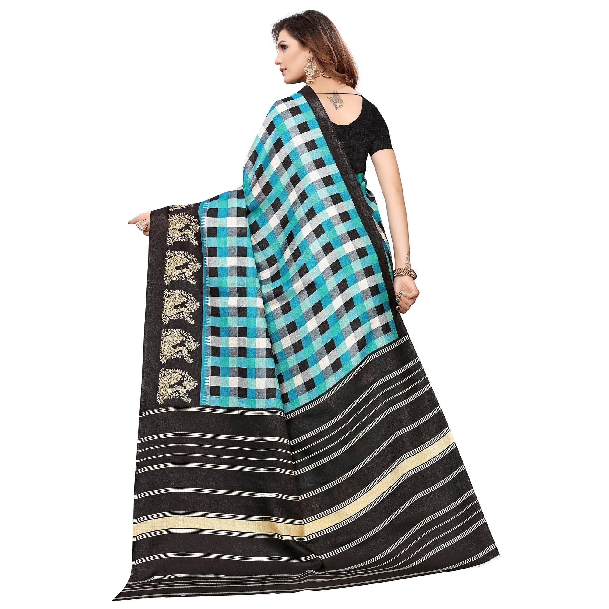 Sky Blue-Black Colored Casual Printed Jute Saree - Peachmode