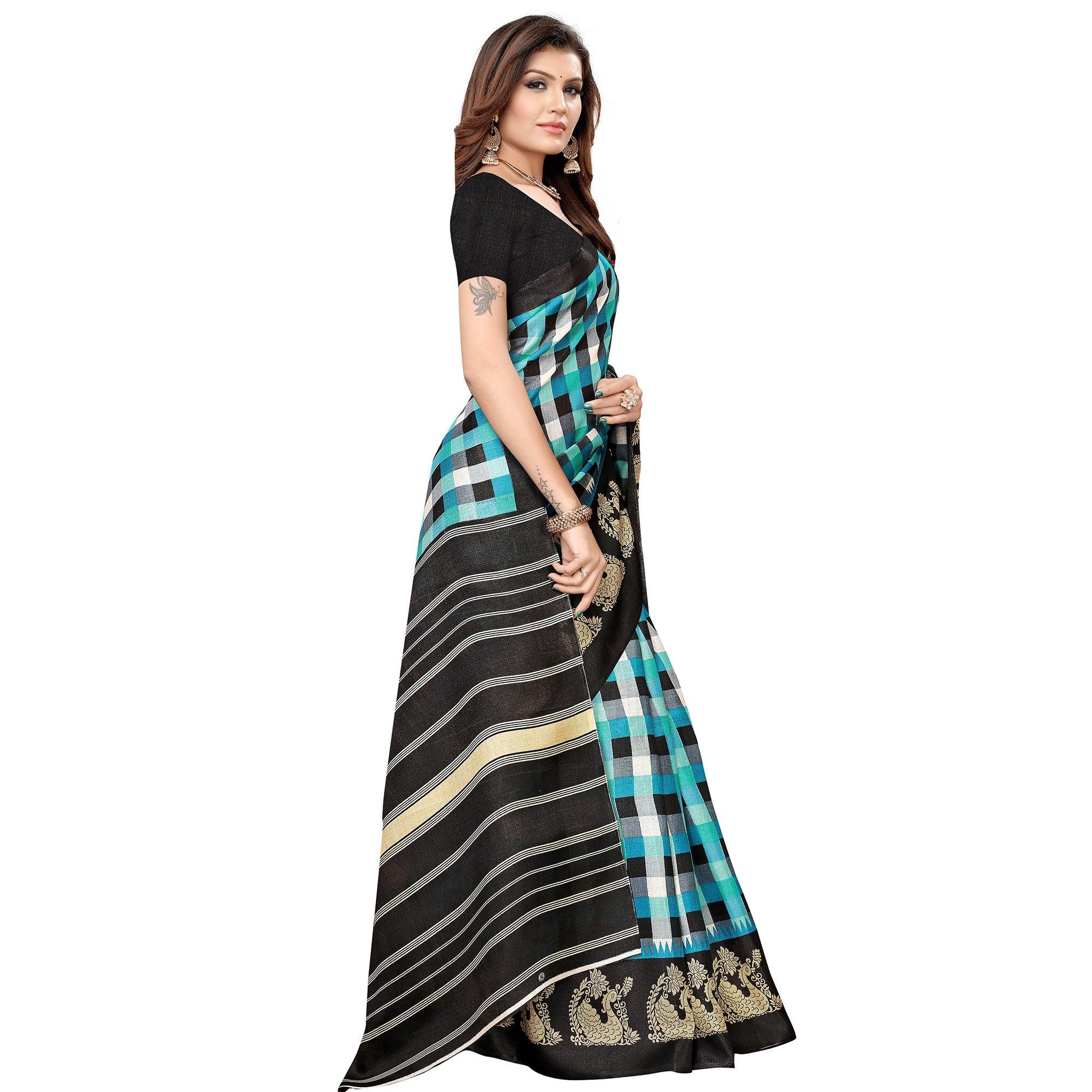 Sky Blue-Black Colored Casual Printed Jute Saree - Peachmode