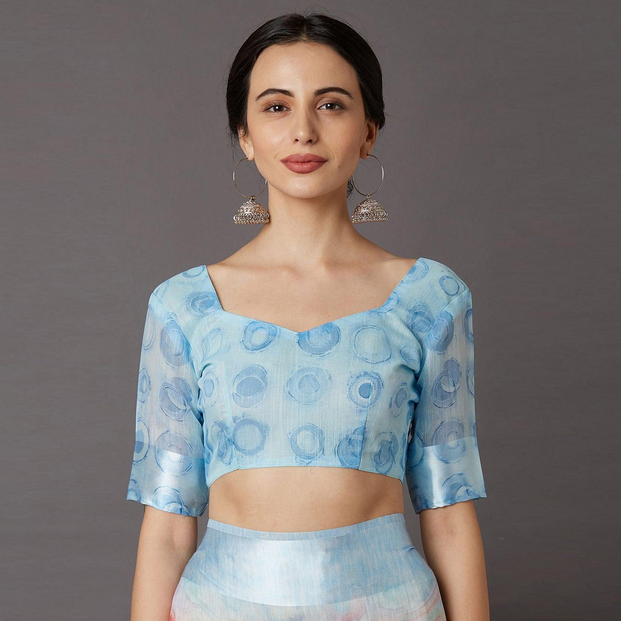 Sky Blue Casual Linen Blend Printed Saree With Unstitched Blouse - Peachmode