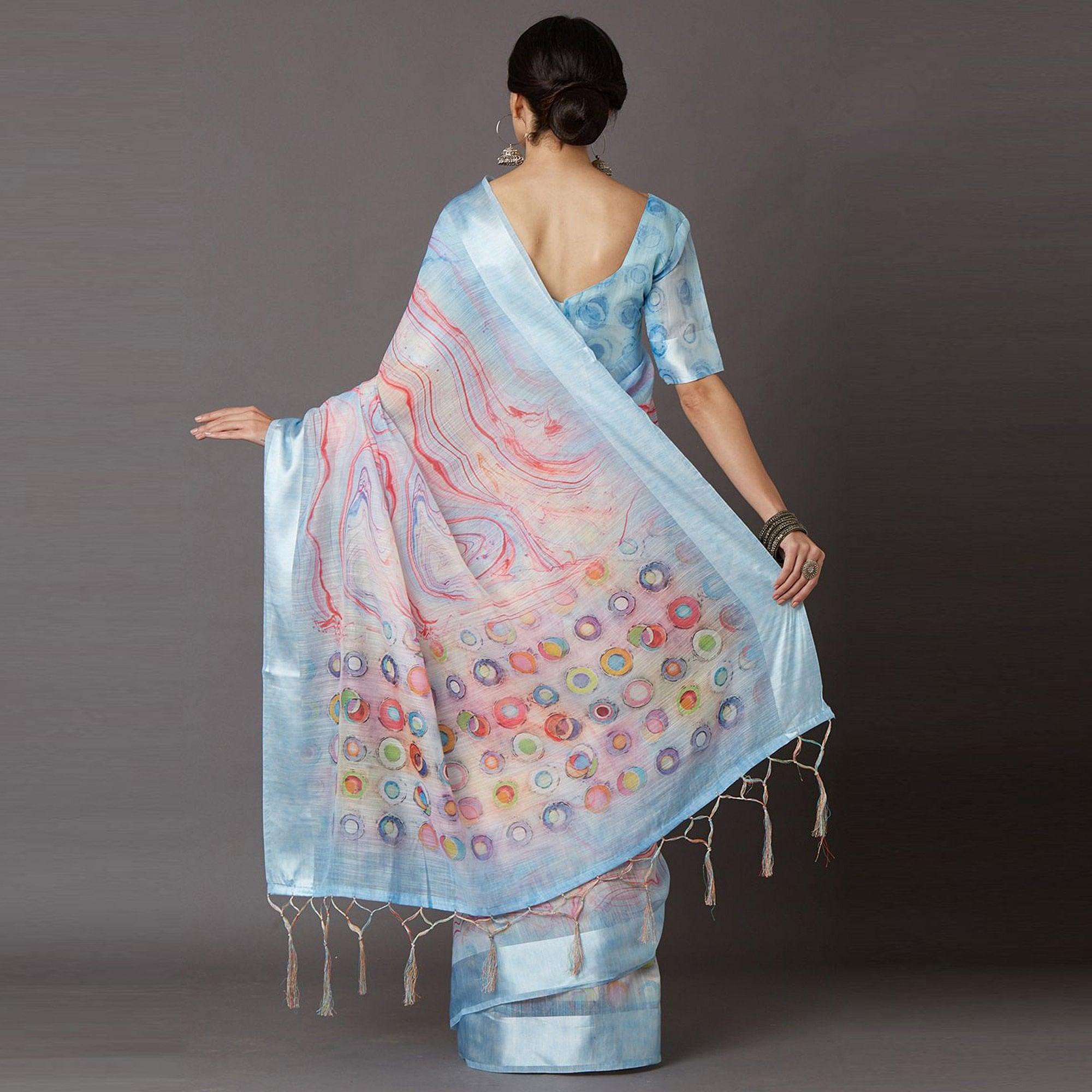 Sky Blue Casual Linen Blend Printed Saree With Unstitched Blouse - Peachmode