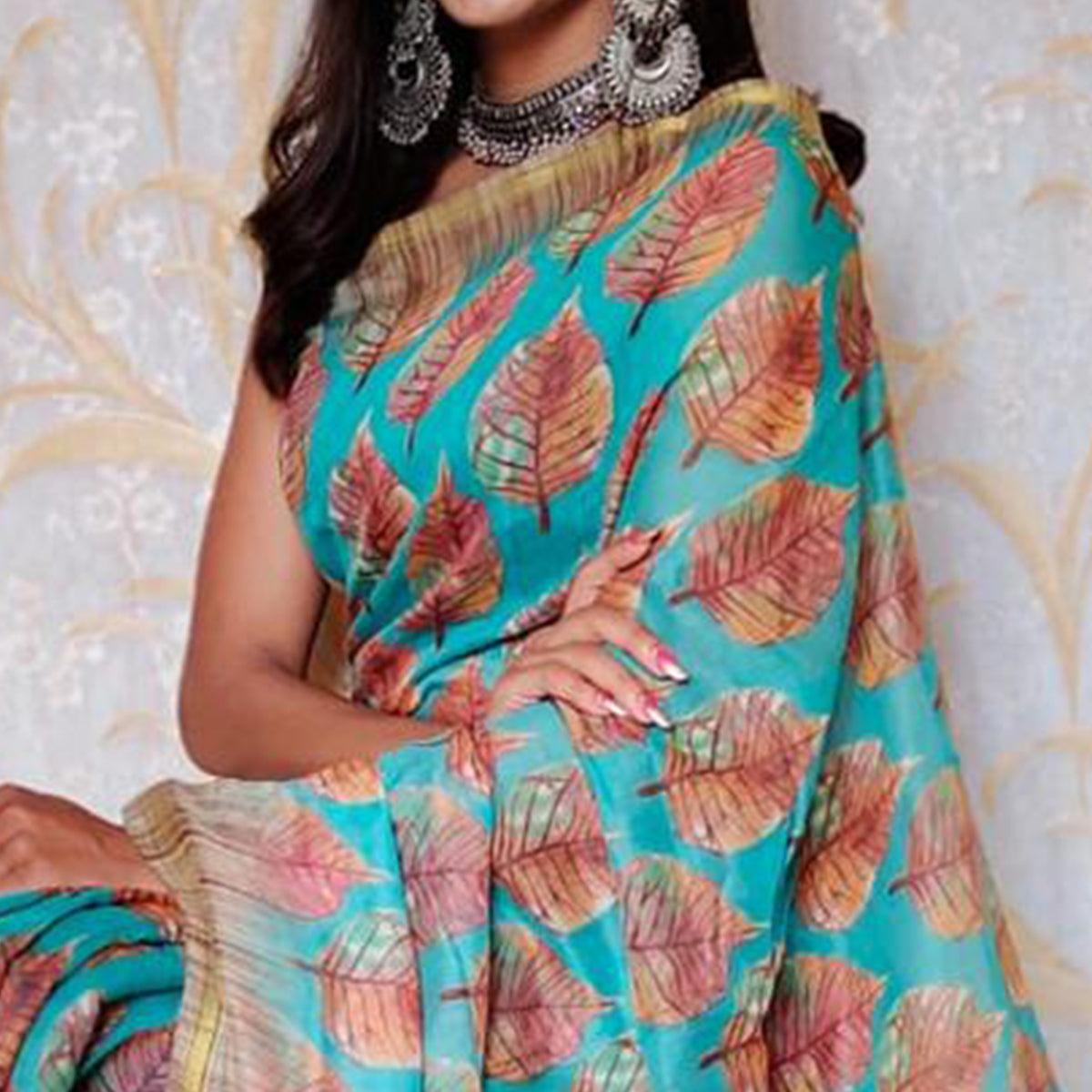 Sky Blue Casual Wear Digital Printed Chanderi Silk Saree - Peachmode
