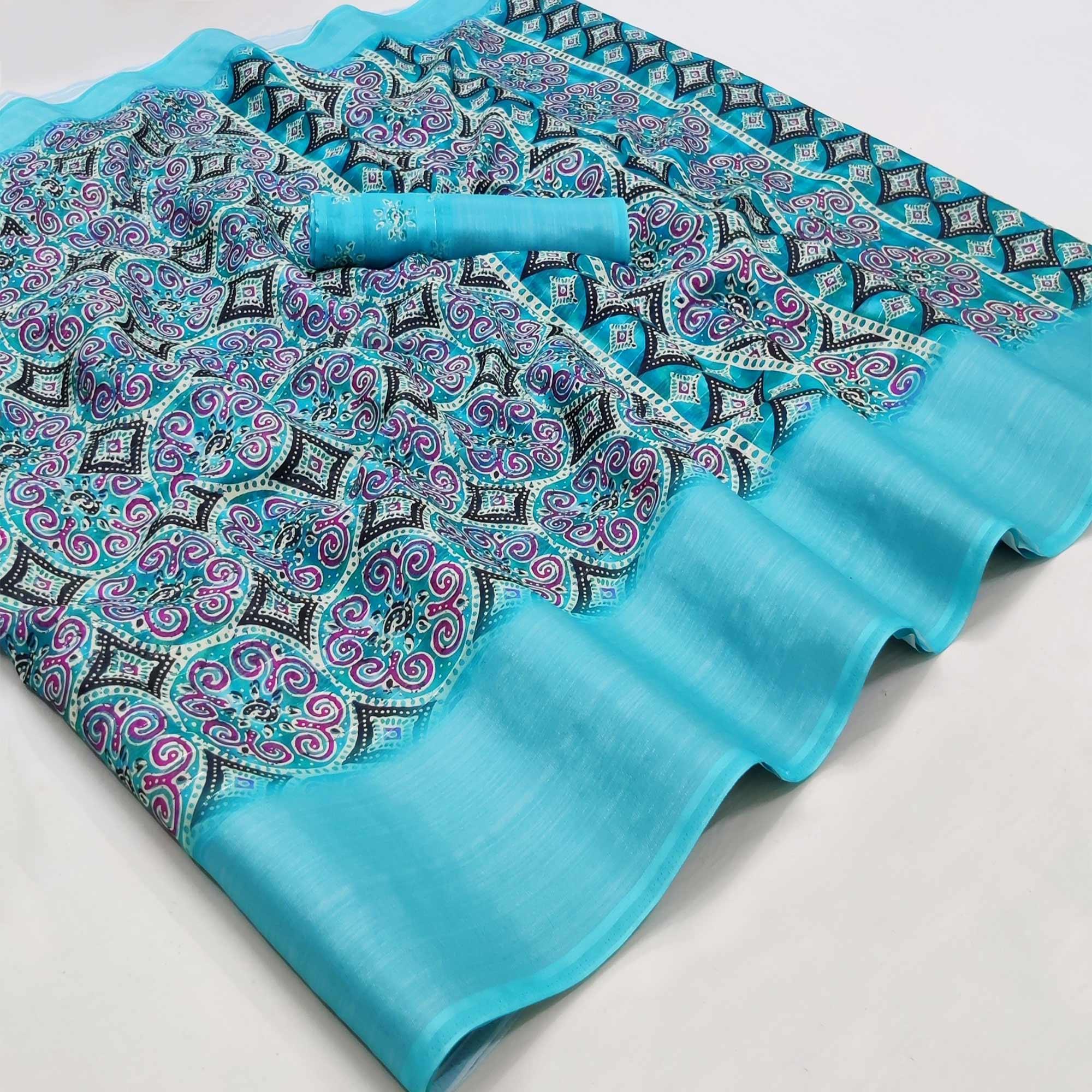 Sky Blue Casual Wear Digital Printed Cotton Silk Saree - Peachmode