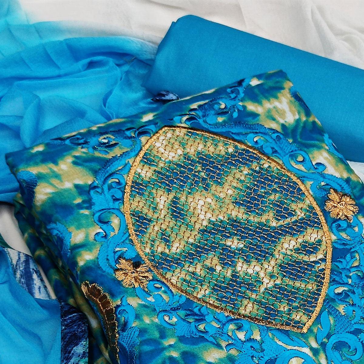 Sky Blue Casual Wear Embroidered Cotton Dress Material - Peachmode