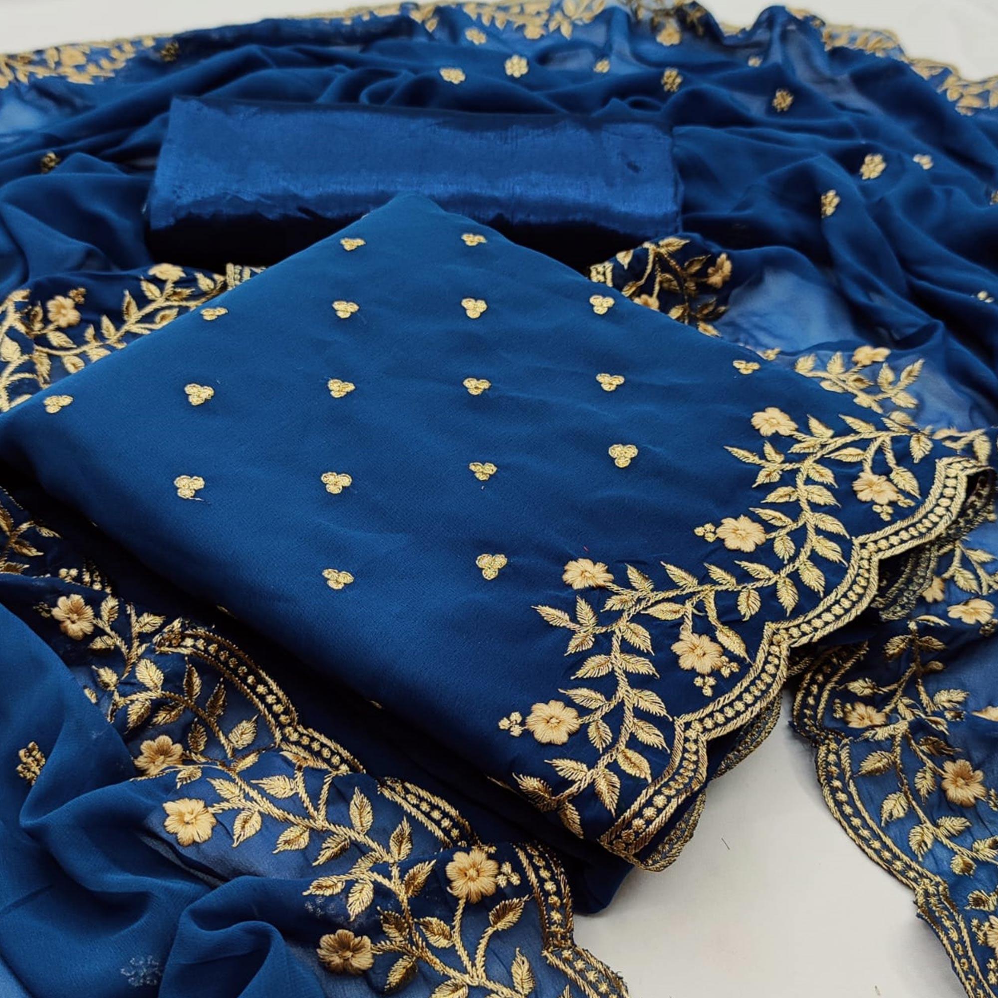 Sky Blue Casual Wear Embroidered Georgette Dress Material - Peachmode