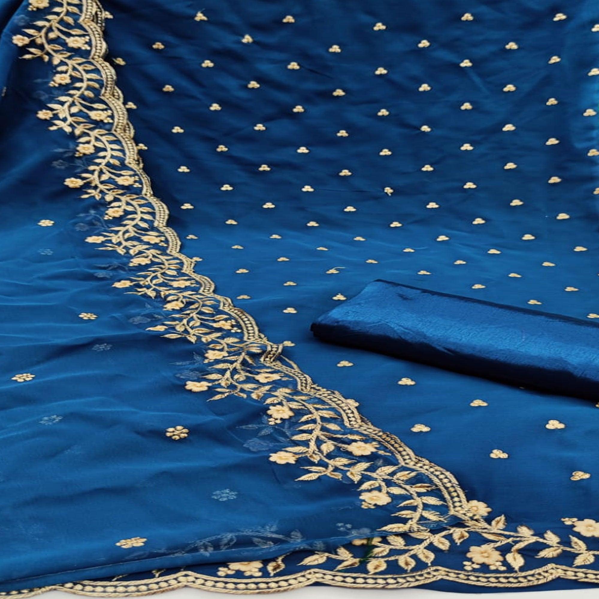 Sky Blue Casual Wear Embroidered Georgette Dress Material - Peachmode