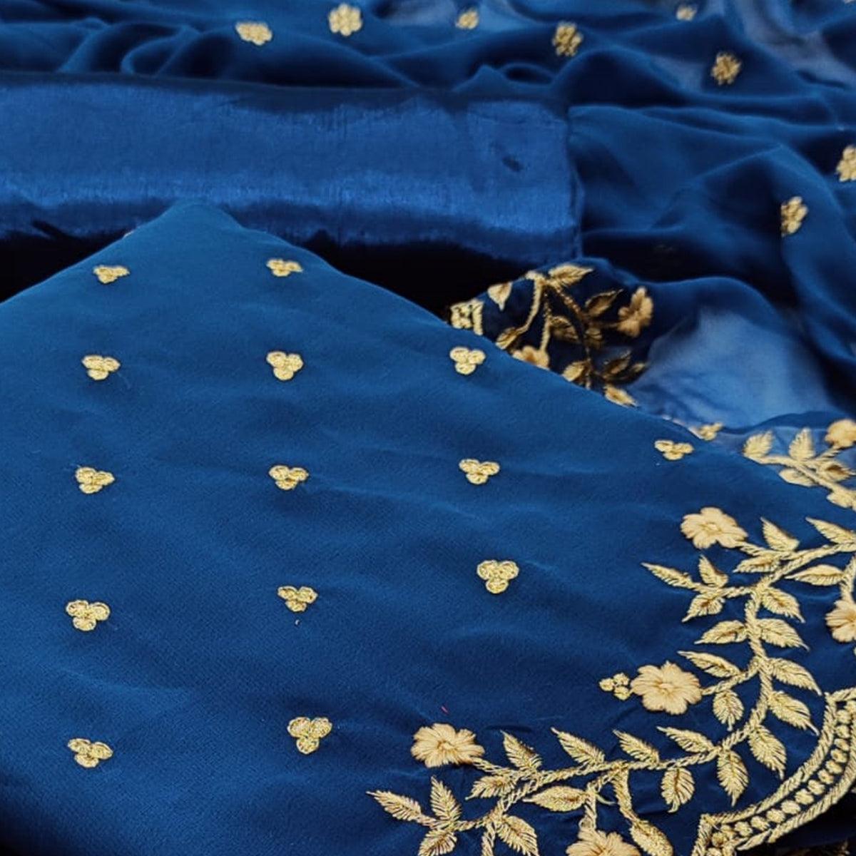 Sky Blue Casual Wear Embroidered Georgette Dress Material - Peachmode
