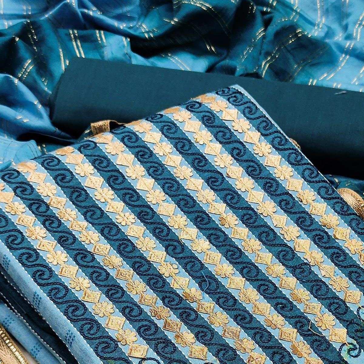 Sky Blue Casual Wear Embroidery With Hand Work Premium Pure Cotton Dress Material - Peachmode