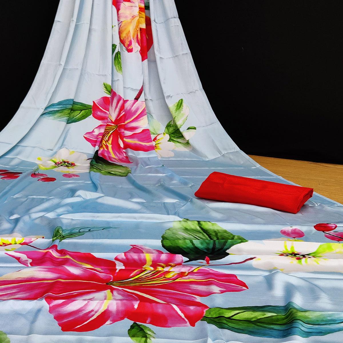 Sky Blue Casual Wear Floral Digital Printed Satin Saree - Peachmode