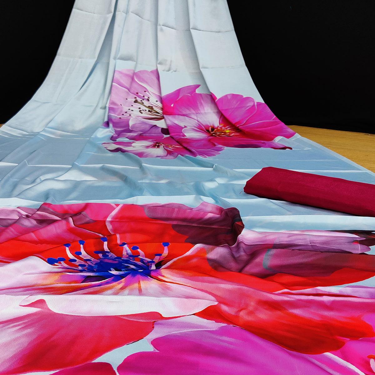Sky Blue Casual Wear Floral Digital Printed Satin Saree - Peachmode